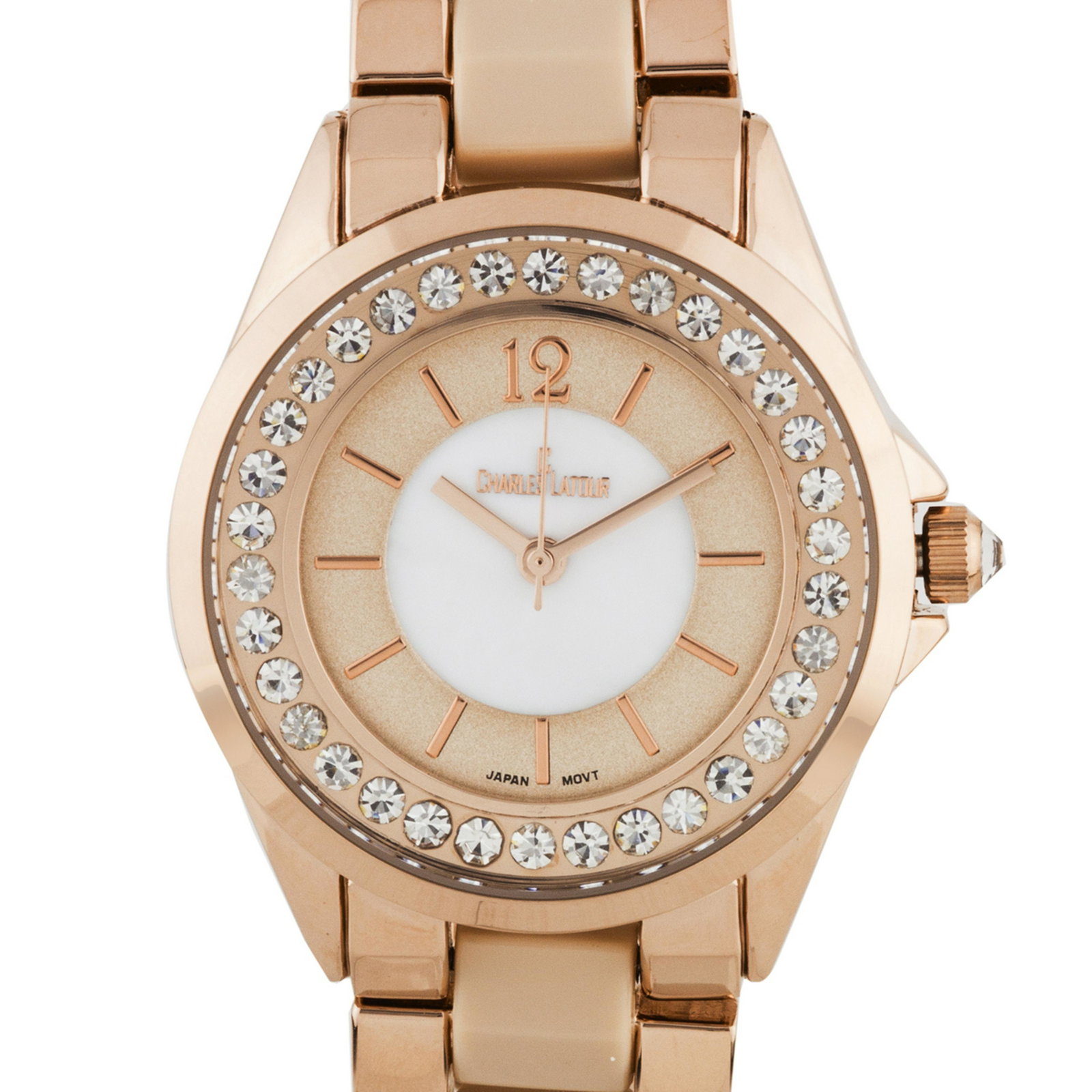 Charles Latour Crystal Bezel Ladies Watch: The Charles Latour has a sleek 34mm case with stunning Czech crystals surround the outer chapter ring. A mirror finish arabic numeral at 12, and a pearlized dial core compliment the variaty of colors 