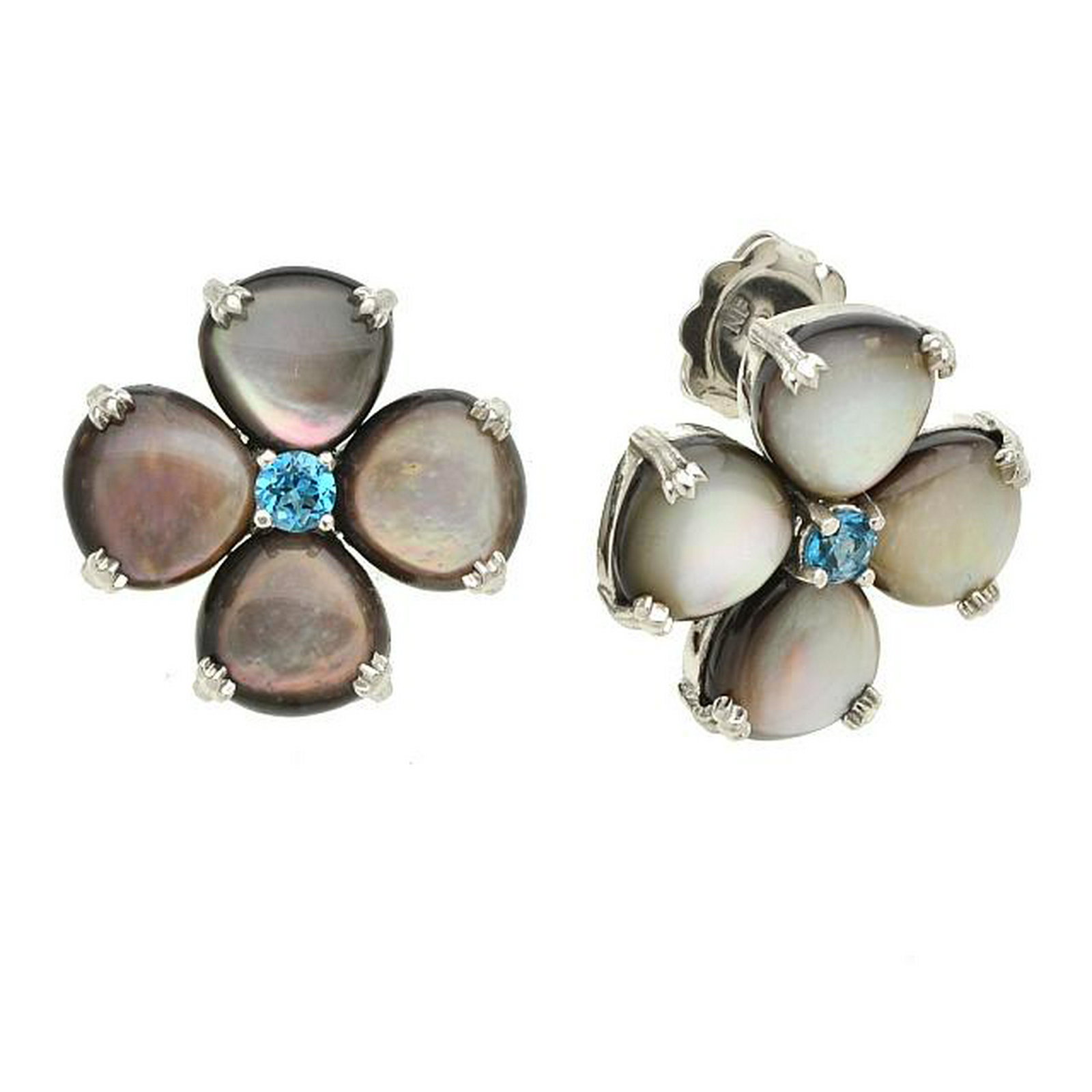 Silver Grey MOP & Blue Topaz Flower Stud Earrings: • Genuine MOP & London Blue Topaz • Petal shape stone floral studs • Secured butterfly clasp • Gleaming rhodium over fine sterling silver