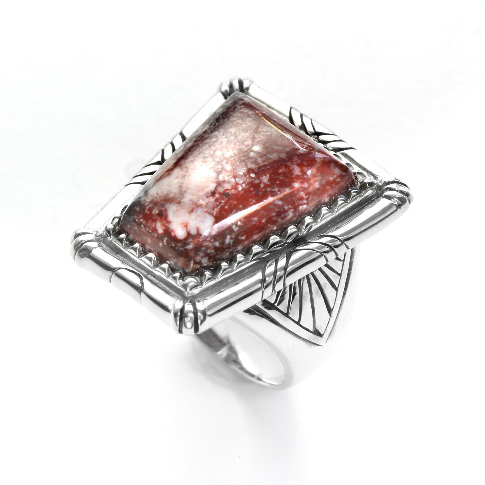 Silver Wild Horse Jasper North-South Ring-SZ 8: • Genuine wild horse jasper • Trapezoid shaped cabochon • Oxidized outlines on the border • Gleaming rhodium over fine sterling silver