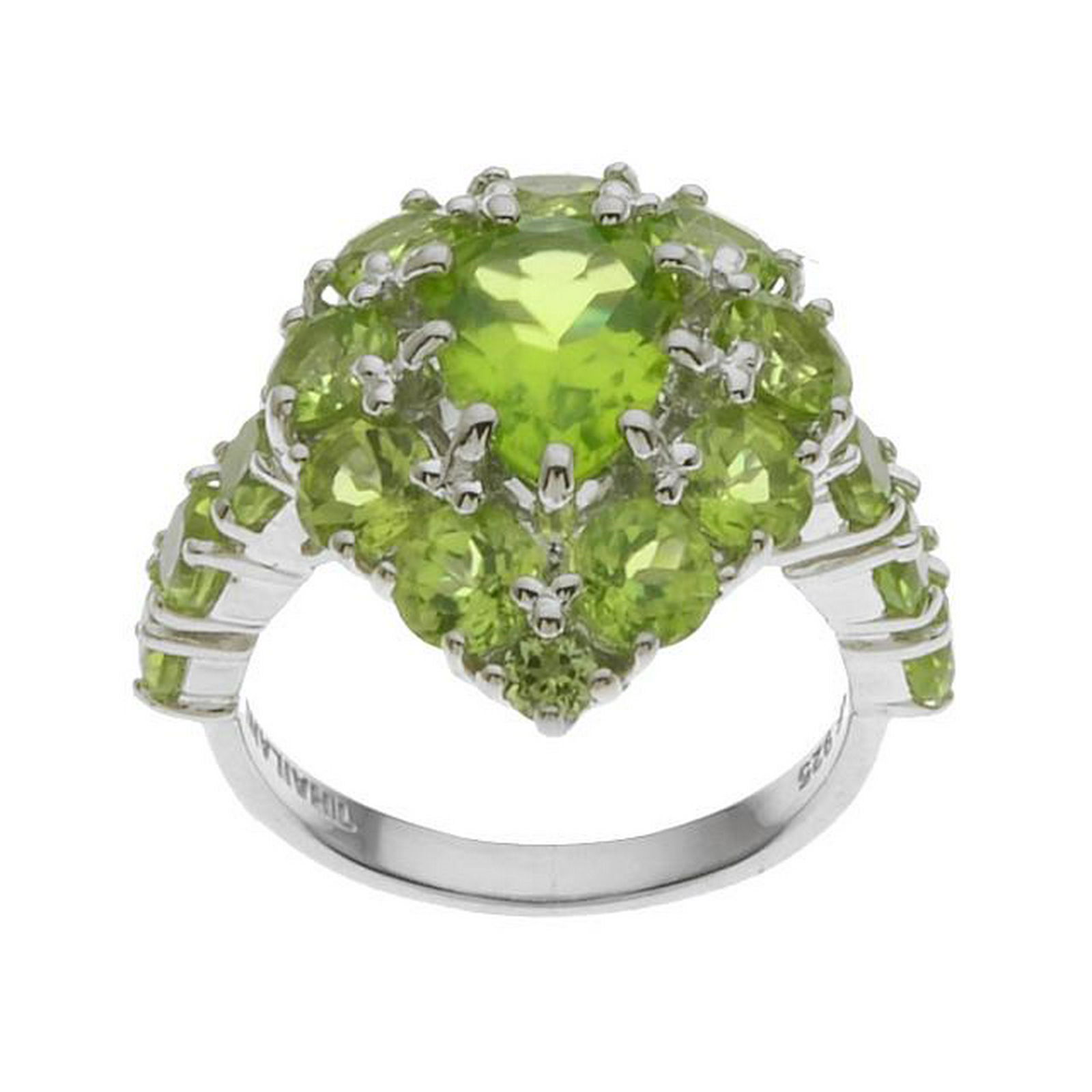 Sterling Silver 5.41ctw Peridot Halo Ring-SZ 9: • Genuine peridot • 5.41ct peridot • Shimmering peridot arranged in a pear shape and on the upper side of the shank • Gleaming rhodium over fine sterling silver
