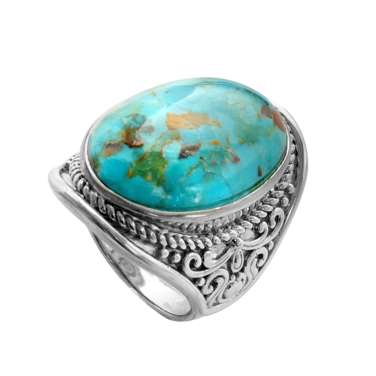 Sterling Silver Oval Turquoise Ring-SZ 9: • Genuine turquoise • One oval cabochon 25x18mm • Rope texture and scrollwork on the side of the shank • Gleaming rhodium over fine sterling silver