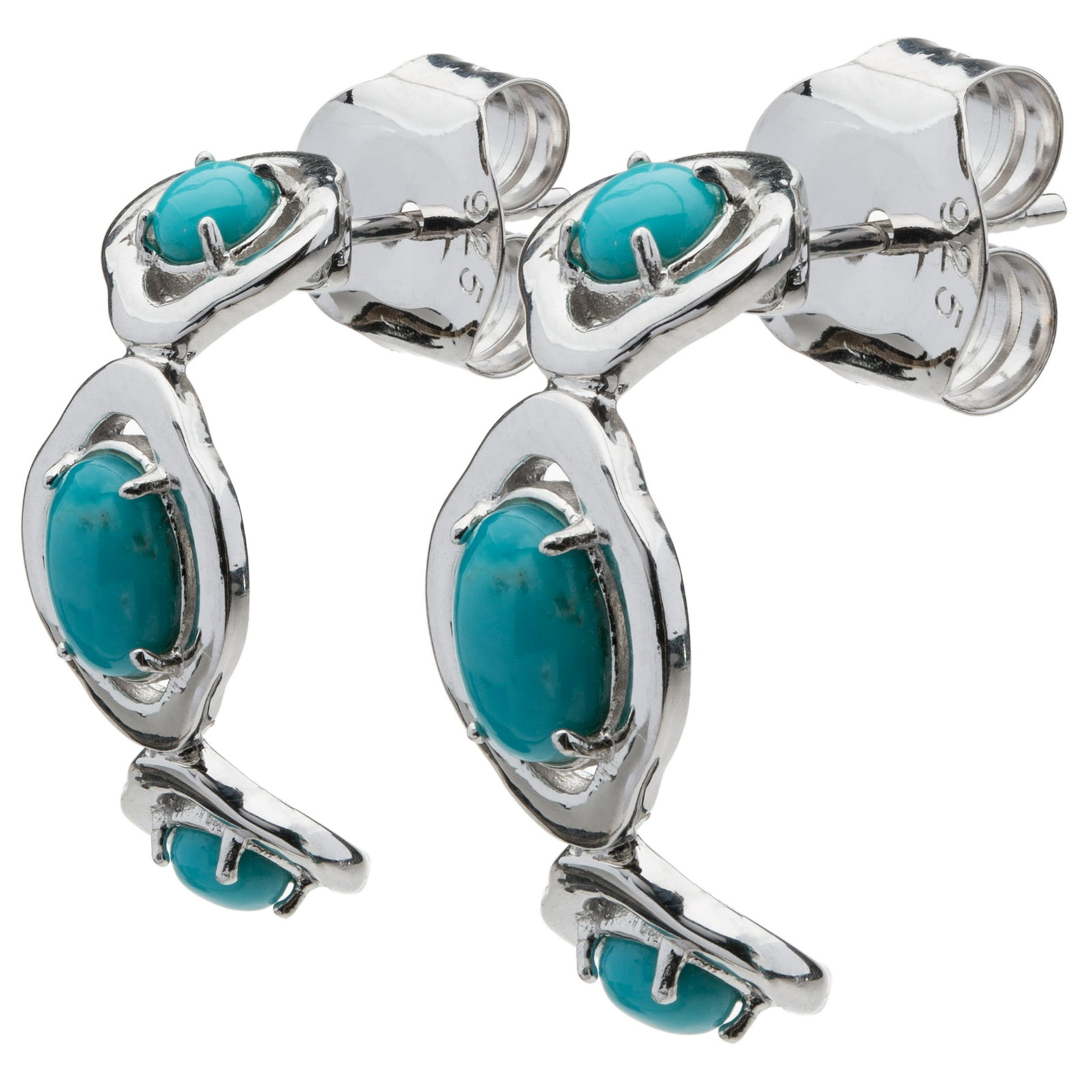 Silver Campo Frio Turquoise J-Hoop Earrings: Oval mined in America Campo Frio turquoise cabochons create a three-stone scalloped edge column that starts at your lobe and curves back under your ear. Naturally occurring Pyrite matrix makes the Cam