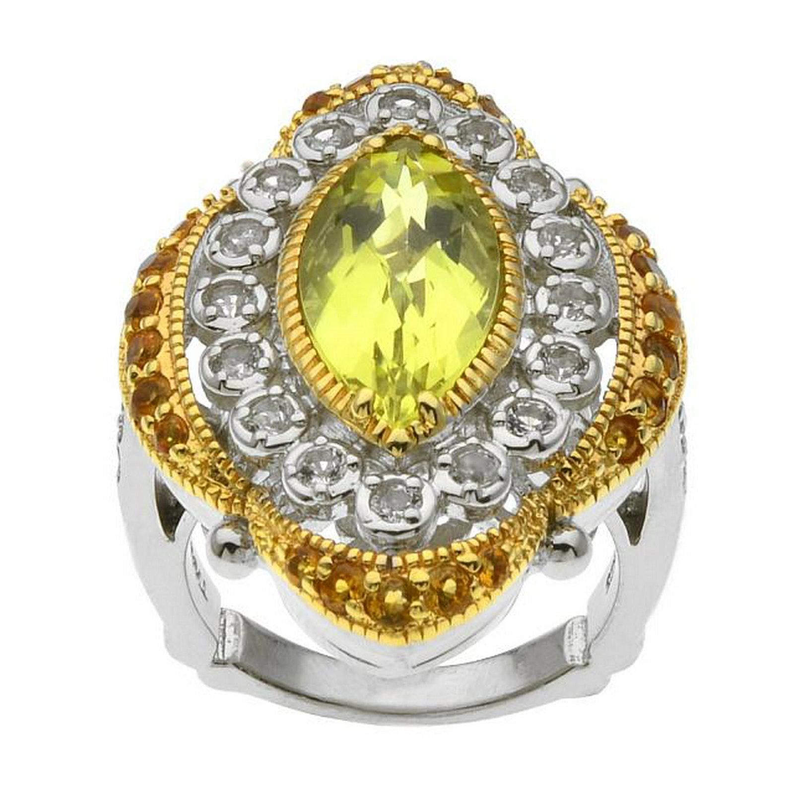 Two-tone Lemon Quartz & Gemstones Halo Ring-SZ 6: • Genuine lemon quartz, white topaz & citrine • 4.54ct gemstones • A euro shank and an openwork heart undergallery • 14K yellow gold and gleaming rhodium over fin