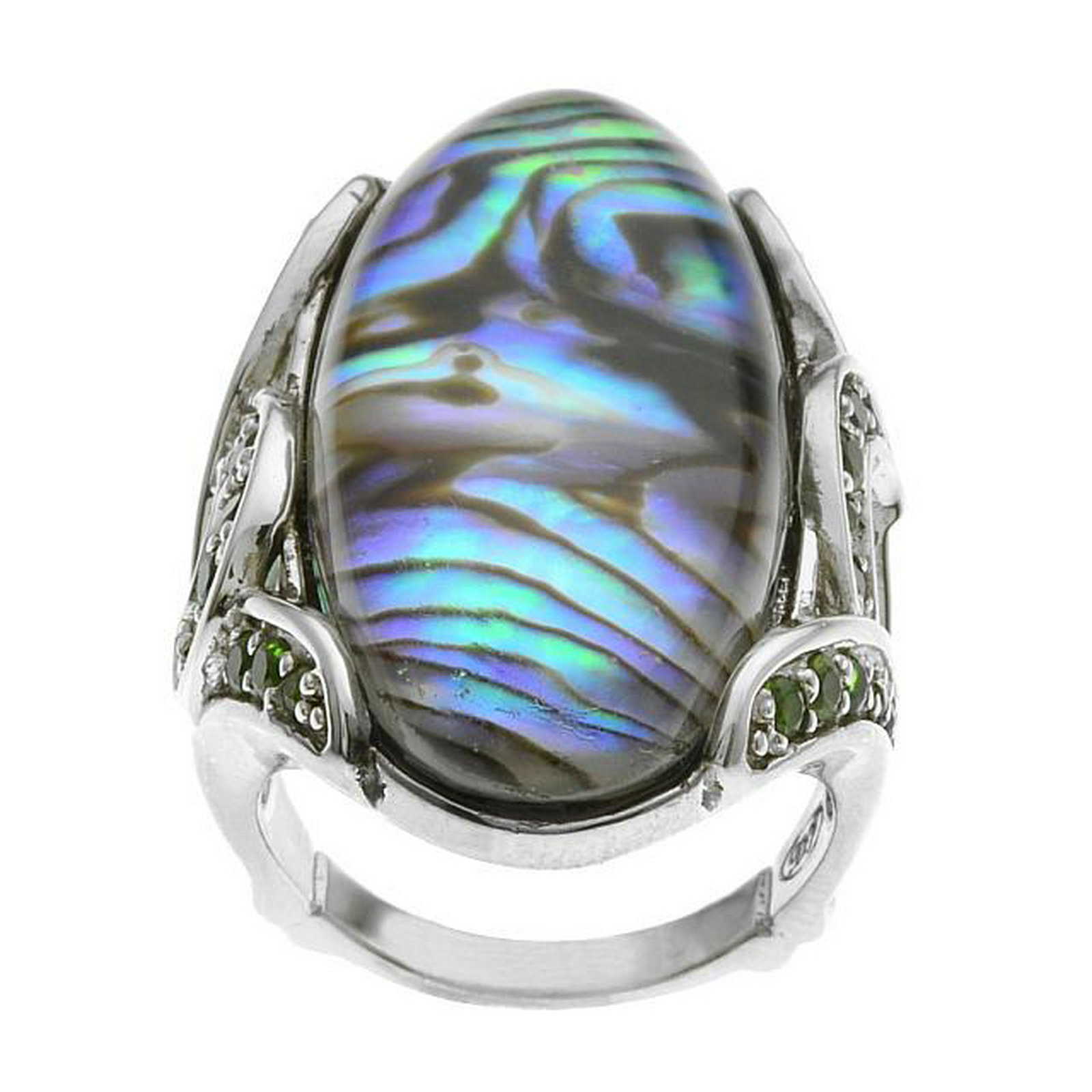 Silver Abalone Doublet & Chrome Diopside Ring-SZ10: • Genuine abalone doublet & chrome diopside • 0.44cwt chrome diopside • Gleaming rhodium over fine sterling silver