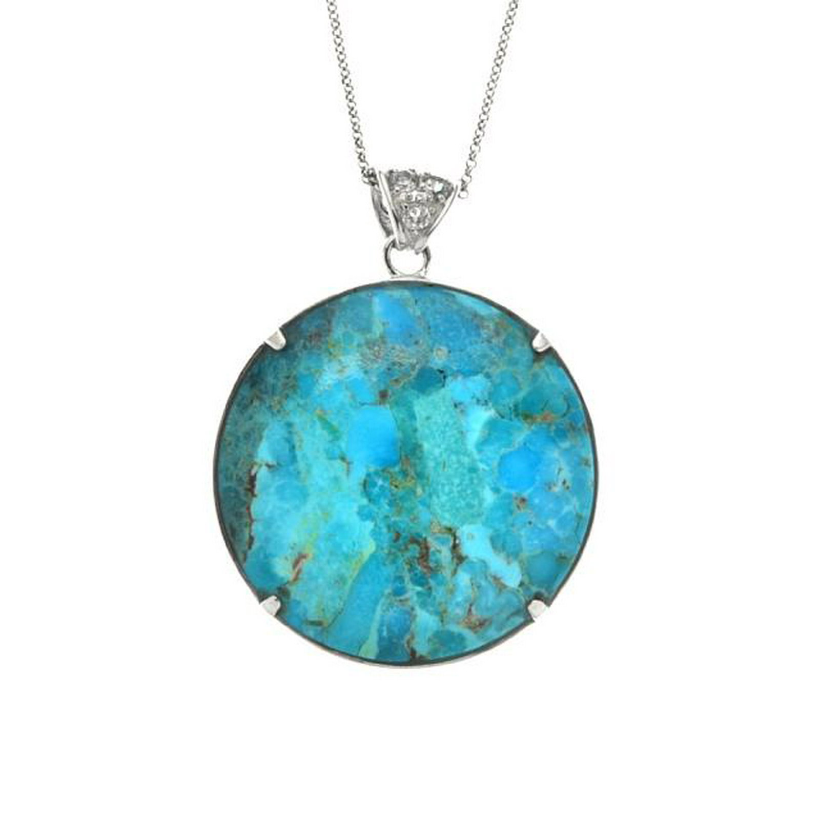 Silver 40mm Turquoise & Abalone Reversible Pendant: 925 Sterling Silver What a beautiful idea! Our smart sterling silver pendant offers two great looks at a great value price. One side features the fascinating iridescence of genuine abalone accented wi