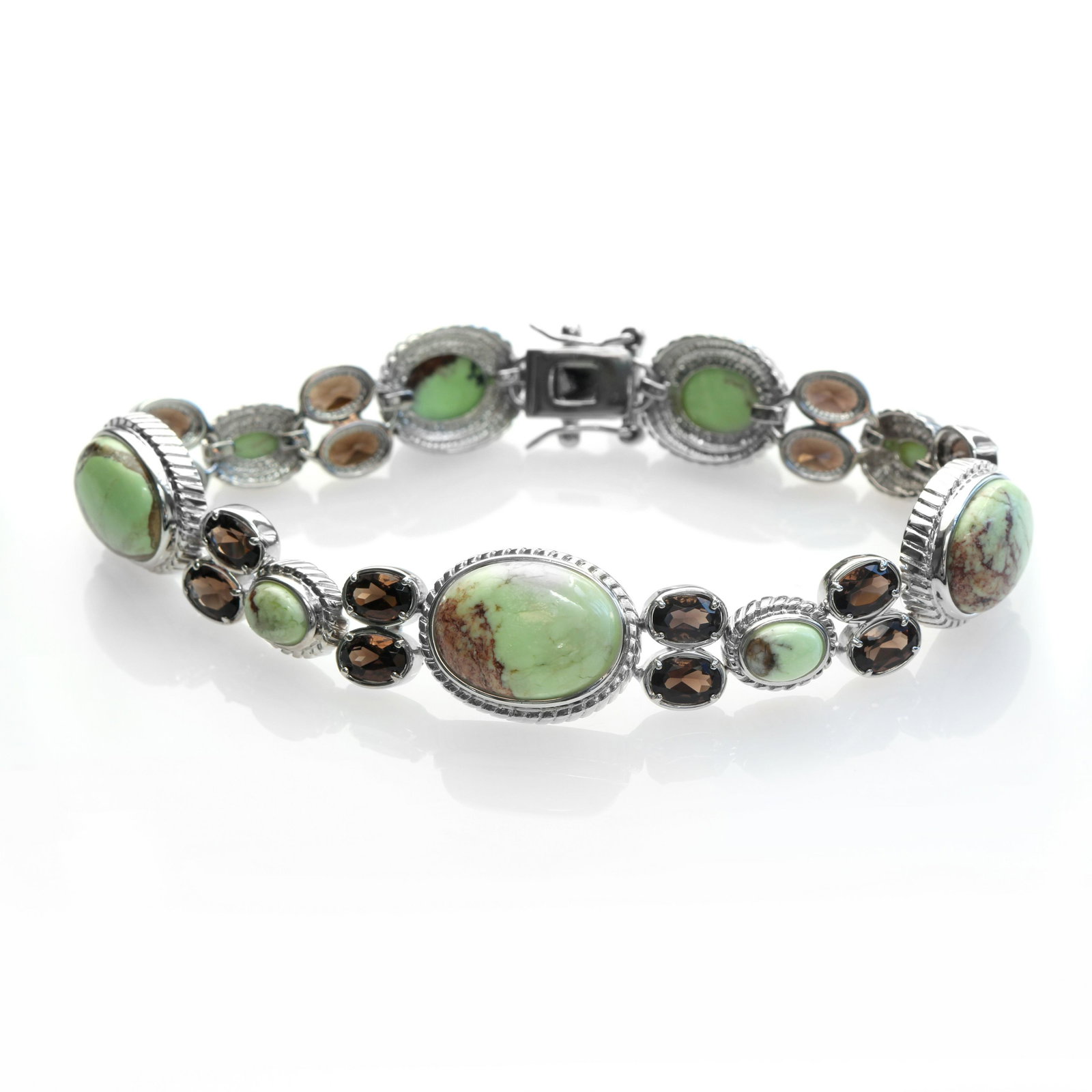 Silver Chrysoprase & Smoky Quartz Bracelet 8.2": Pangea Mines Treasured Gems Collection Genuine sparkling smoky quartz & matrix lemon chrysoprase gemstones adorn this lovely design from the Pangea Mines Treasured Gems Collection. Crafted in gleaming