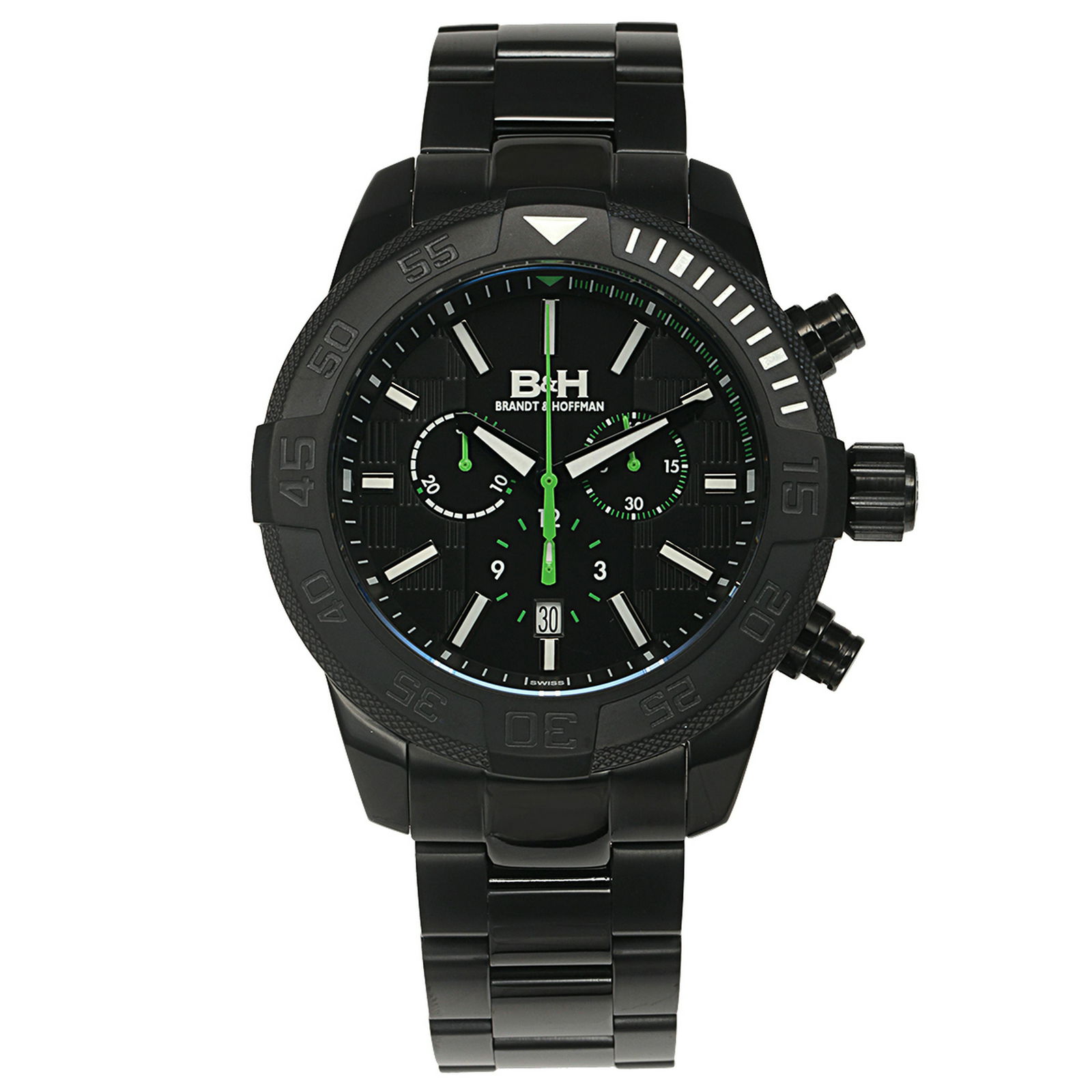 Brandt & Hoffman Swiss Chronograph Mens Watch: Movement Type:-Genuine Swiss Ronda 5030.D Movement Display Type:-Analog Water Resistant:-Water Resistant To 5ATM Case Size:-47mm x 55mm x 13mm Case Material:-All Surgical Grade 316L IP Black Stainless