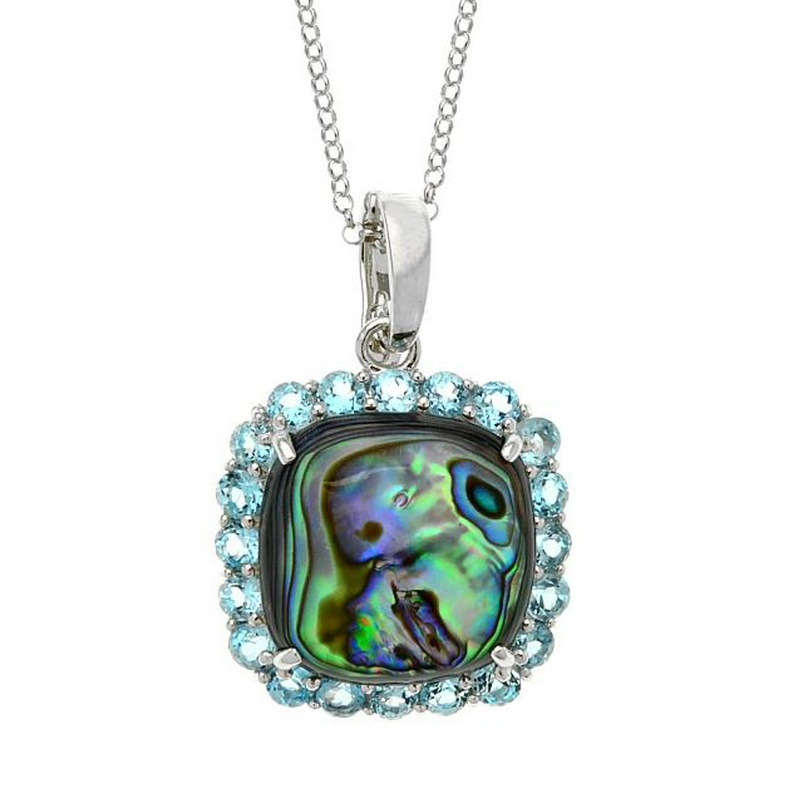 Silver 2.08ct Blue Topaz & Abalone Halo Pendant: • Genuine Swiss Blue Topaz & Abalone • 2.08ct Swiss Blue Topaz • Cushion cut opaque stone with halo of gemstones • 18” silver chain • Gleaming rhodium over fine ste