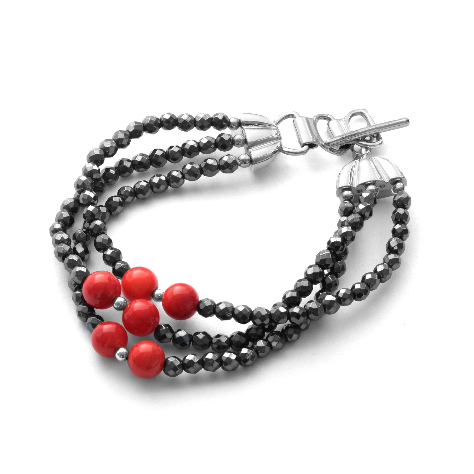 Silver Hematite & Coral Bead Bracelet 8" (1 of 2)