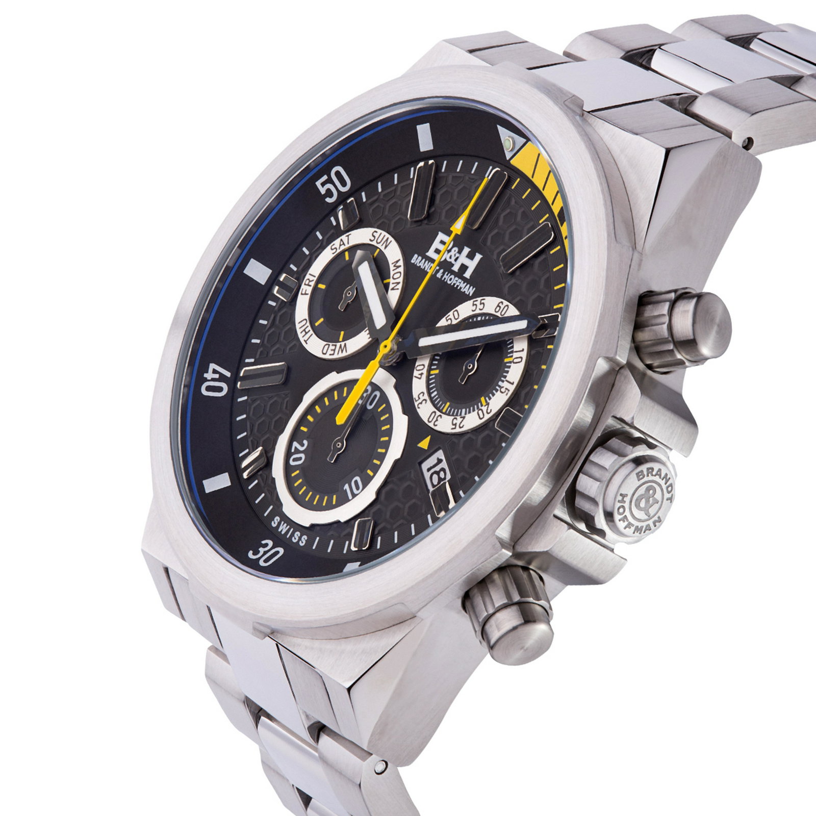 Brandt & Hoffman Bierce Swiss Mens Watch: Movement Type:- Genuine Swiss Ronda Z60 Movement Display Type:- Analog Water Resistant:- Water Resistant To 5ATM Case Size:- 48mm x 56mm x 14mm Case Material:- Surgical Grade 316L Stainless Steel Dial