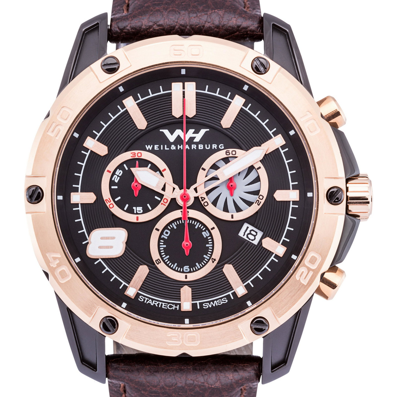 Weil & Harburg Swiss Chronograph Huxley Men Watch: Main Features: Swiss Movement, True Chronograph, Visible Date Window Hands: Luminescent hands Case Shape: Round Material: Stainless Steel, Genuine Leather Case Thickness: 13mm Strap Width: 20mm Strap