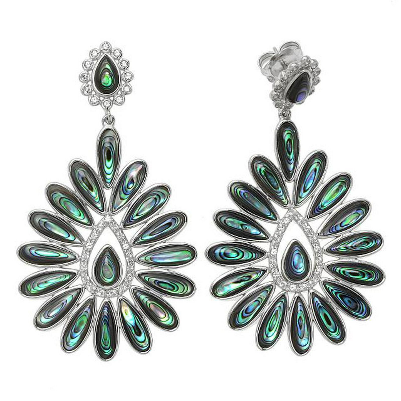Silver Abalone & White Topaz Flower Drop Earrings: • Genuine abalone & white topaz • 1.10cwt white topaz • Comfortable butterfly backs • Gleaming rhodium over fine sterling silver