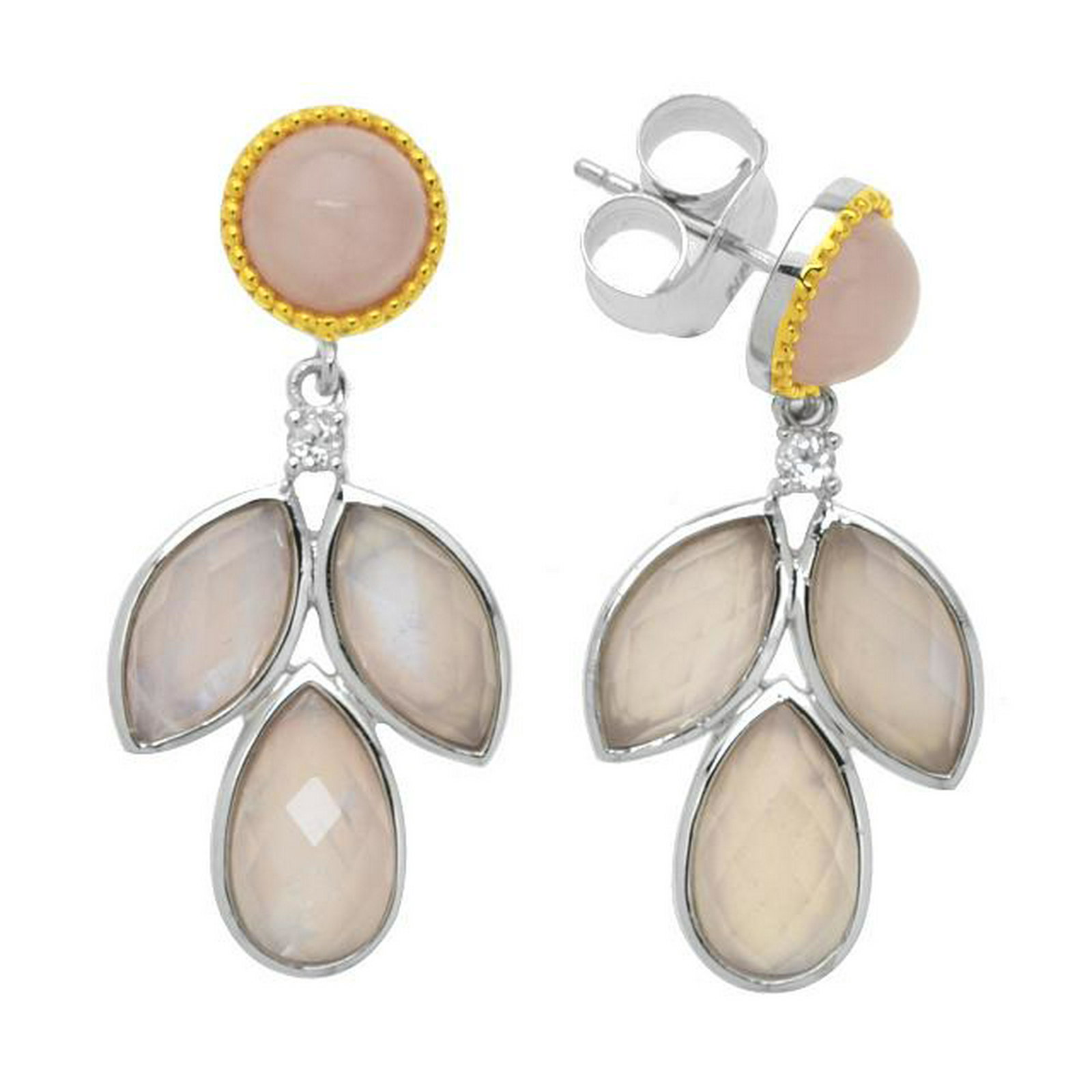 Silver Rose Quartz Doublet Leaf Drop Earring: • Genuine rose quartz, Moonstone Doublet & White Zircon • Floral leaf shape • Butterfly backings for comfortable fit • Gleaming rhodium over fine sterling silver
