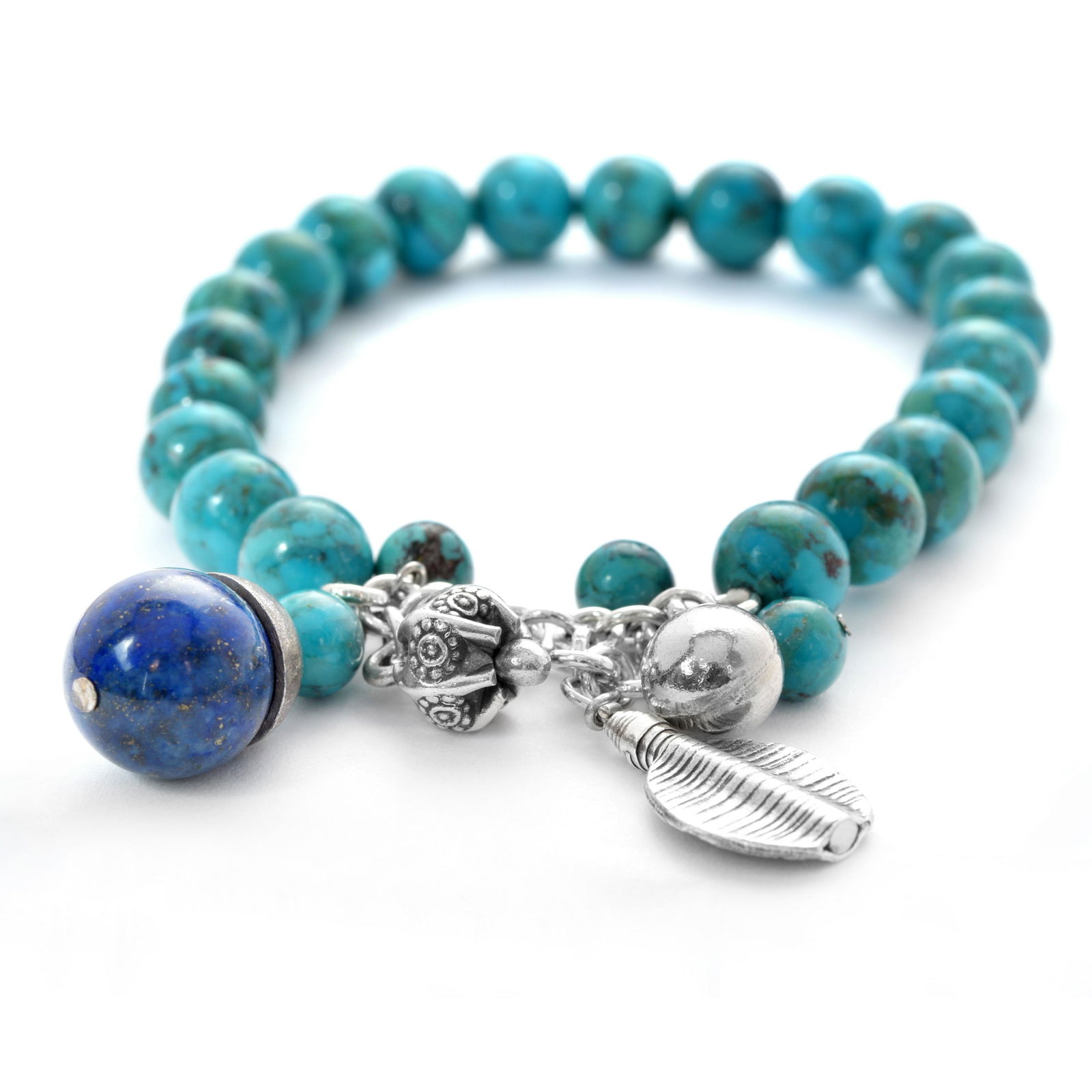 Silver Turquoise & Lapis Charm Bead Bracelet 7" (1 of 3)