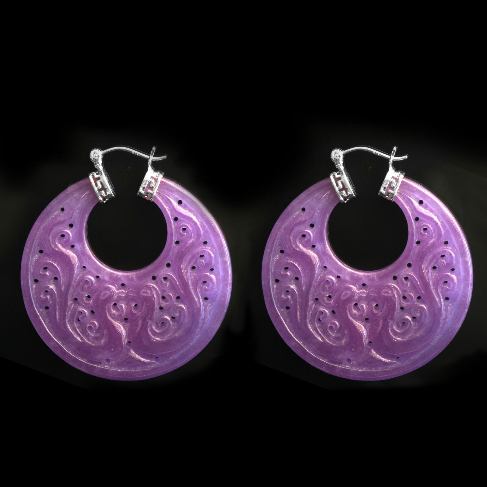 Sterling Silver Lavender Carved Jade Hoop Earrings (1 of 1)