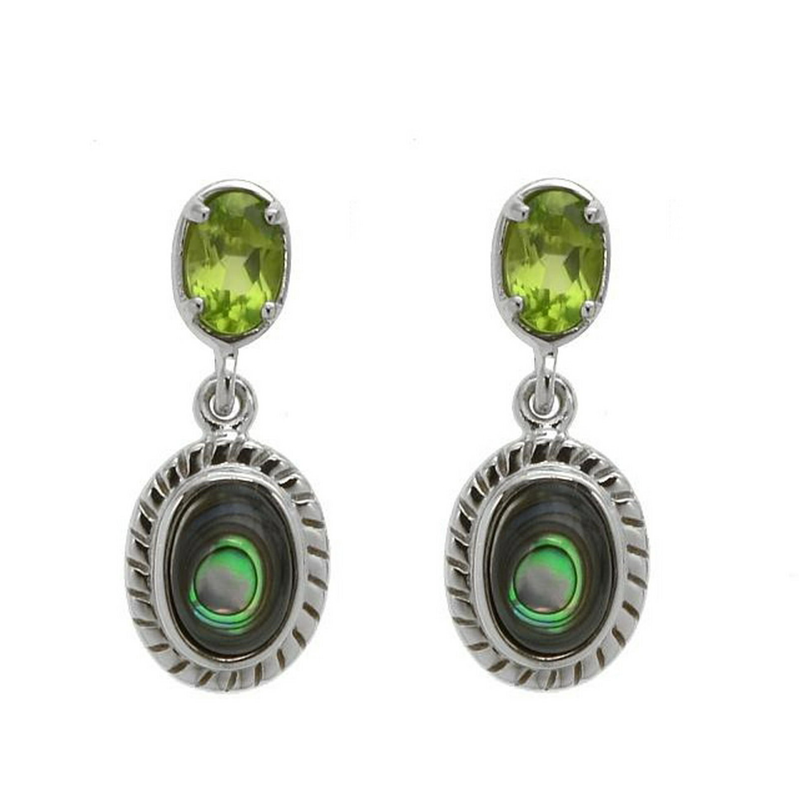 Sterling Silver Abalone & Peridot Drop Earrings: Gorgeous color and beautiful styling make these earrings from the Pangea Mines and a “must have.” Beautifully crafted in rhodium over sterling, this lovely design is adorned with genuine s
