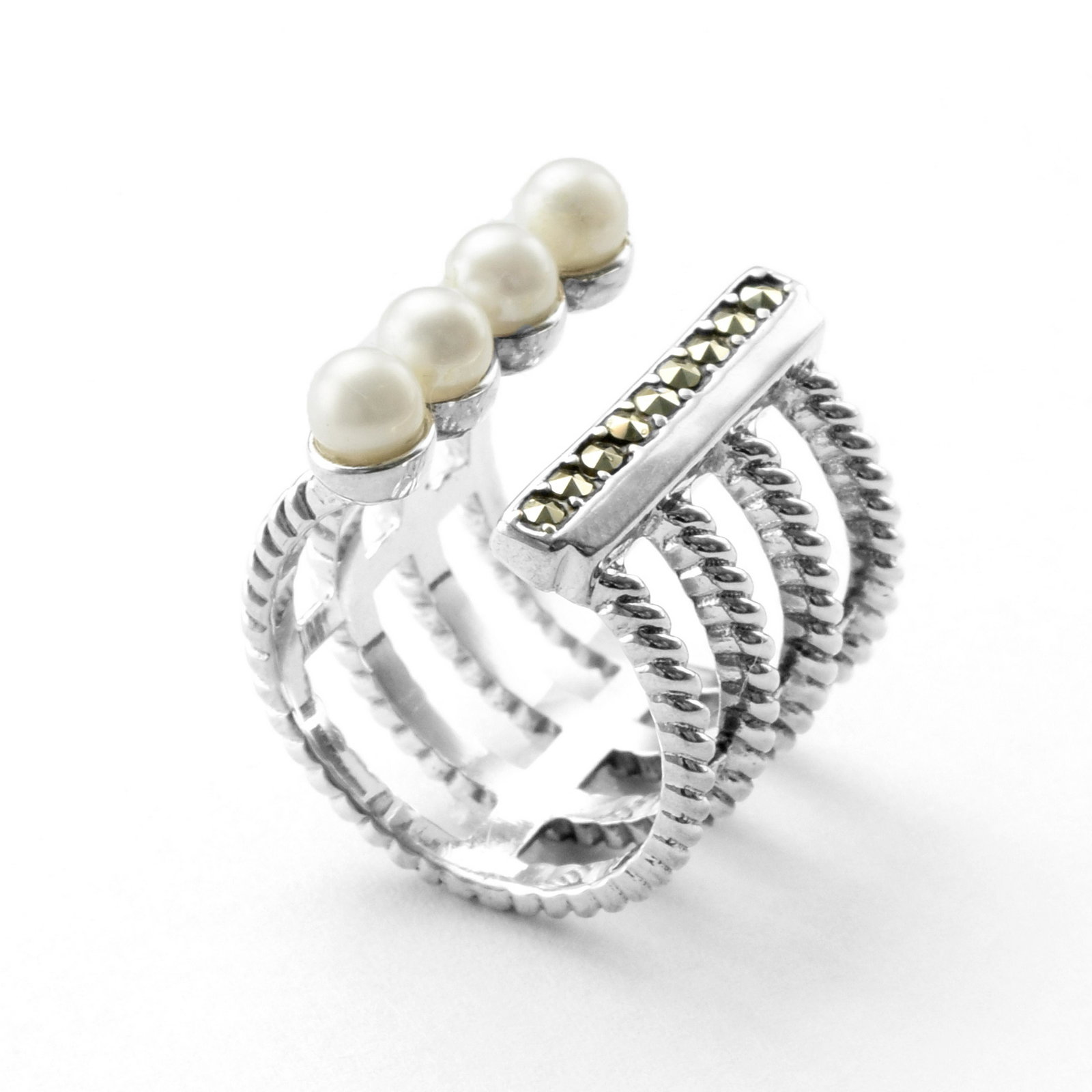 Silver Marcasite & Pearl Wrap-Around Ring-SZ 5: An impressive design from the Addison Lane Zenith Collection! This interesting wrap-around style is beautifully crafted in sterling silver with an oxidized finish, and elegantly adorned with genuine f
