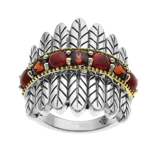 Silver Red Coral & Garnet Feather Band Ring-SZ 9 (1 of 2)