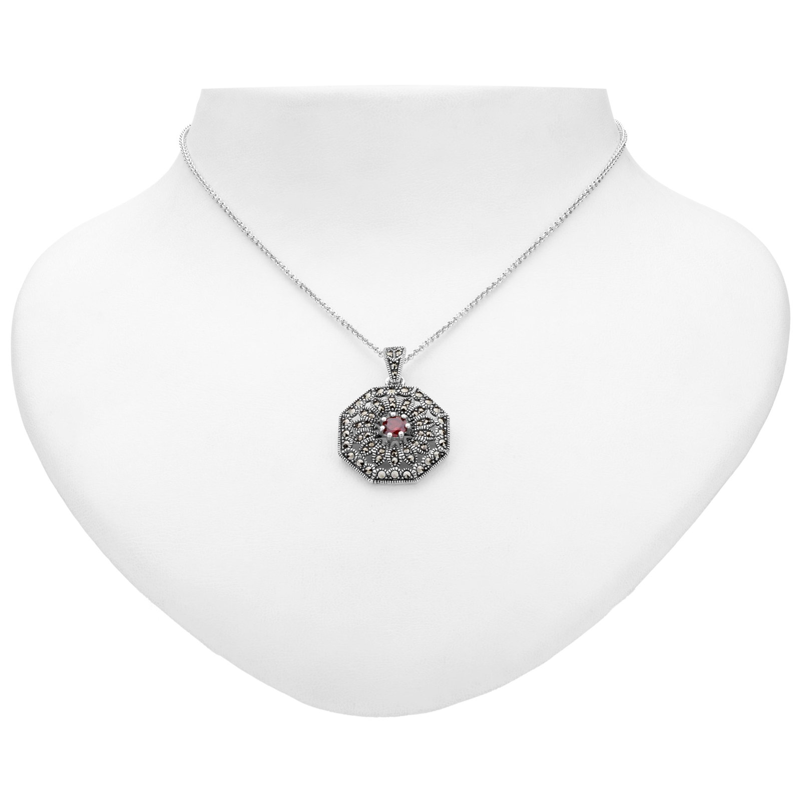 Silver Marcasite & Garnet Octagonal Pendant: An impressive design from the vintage-inspired Addison Lane Felicity Collection! Updated classic lines distinguish this impressive octagonal pendant necklace. Beautifully crafted in oxidized sterling 