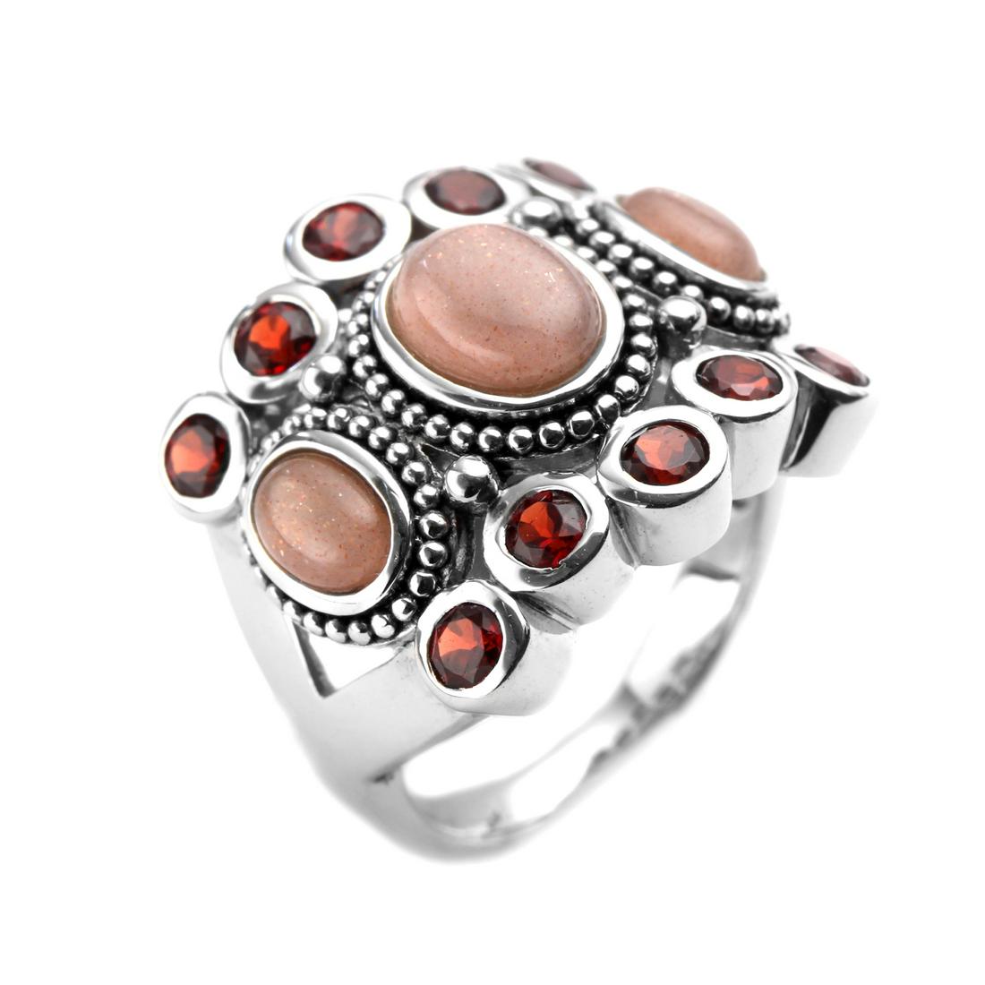 Silver Peach Moonstone & Garnet Beaded Ring-SZ 7 (1 of 1)