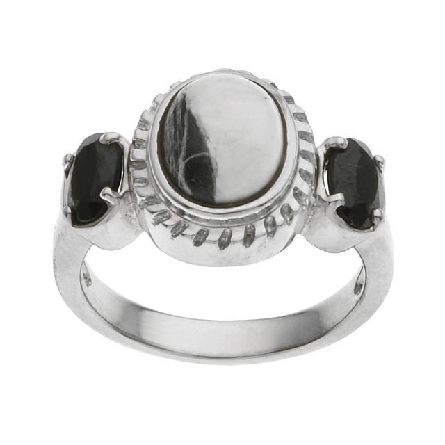 Silver Quartz & Spinel Three Stone Ring-SZ 9: • Genuine white buffalo & black spinel • 0.94cwt black spinel • North south orientation with rope texture halo • Gleaming rhodium over fine sterling silver