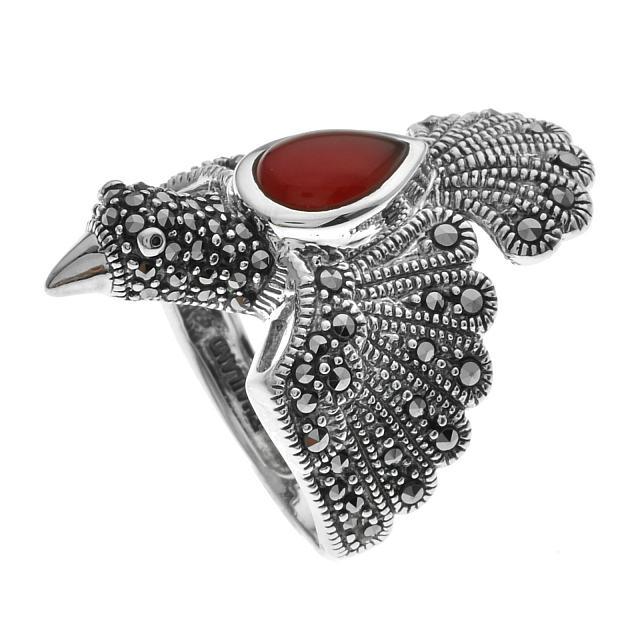 Silver Red Agate & Marcasite Eagle Ring-SZ 8 (1 of 2)