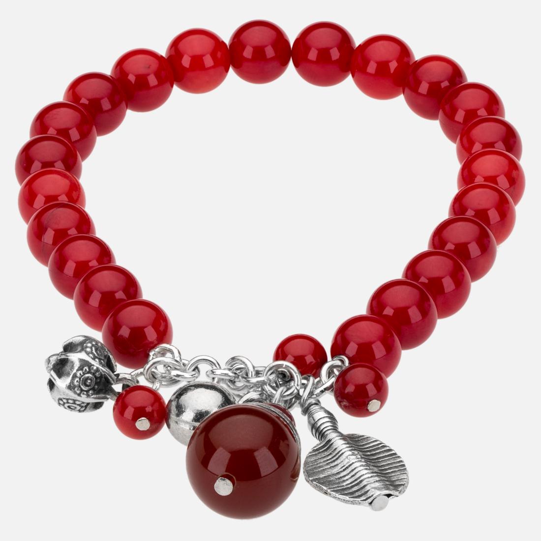 Silver Coral & Carnelian Charm Bead Bracelet 7" (1 of 2)
