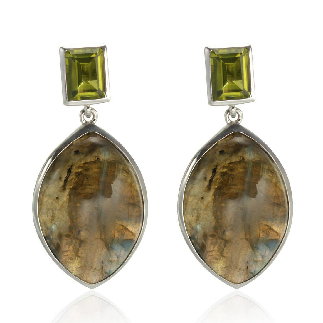 Sterling Silver Labradorite & Peridot Drop Earring: Crafted from sterling silver, these earrings feature sparkling step -cut Peridot with dangling marquise shaped Labradorite cabochons. These earrings will always look as good as you do! Frame your face