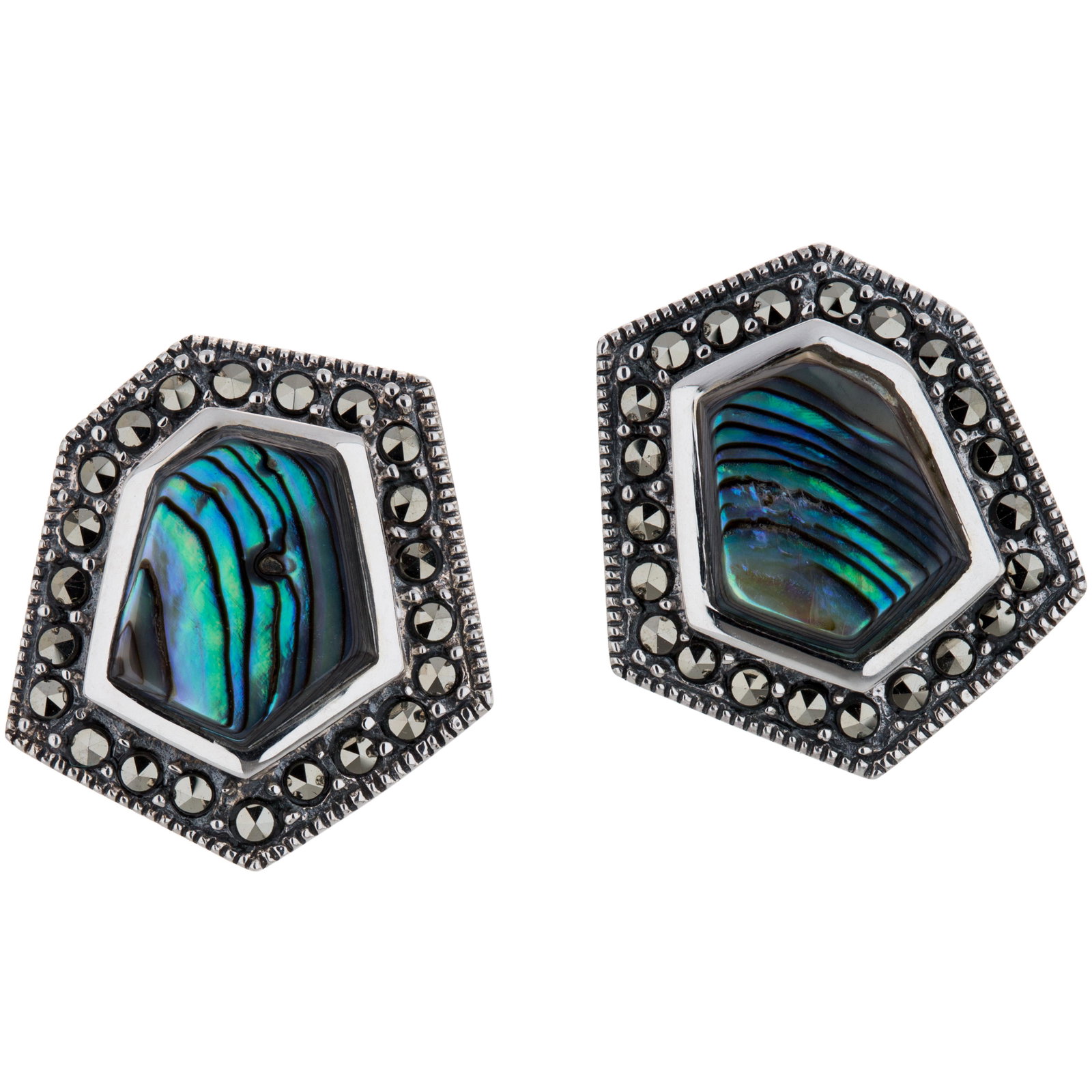 Silver Abalone & Marcasite Hexagonal Stud Earrings: A striking new design from Addison Lane’s Felicity Collection: inspired by timeless vintage looks, this lovely design is beautifully crafted in oxidized sterling silver and adorned with fascinat