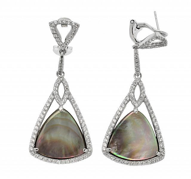 Silver Grey MOP & Zircon Doublet Drop Earrings (1 of 1)