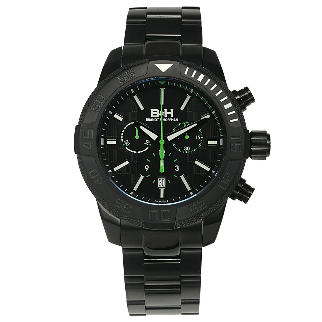 Brandt & Hoffman Swiss Chronograph Mens Watch: Movement Type:-Genuine Swiss Ronda 5030.D Movement Display Type:-Analog Water Resistant:-Water Resistant To 5ATM Case Size:-47mm x 55mm x 13mm Case Material:-All Surgical Grade 316L IP Black Stainless