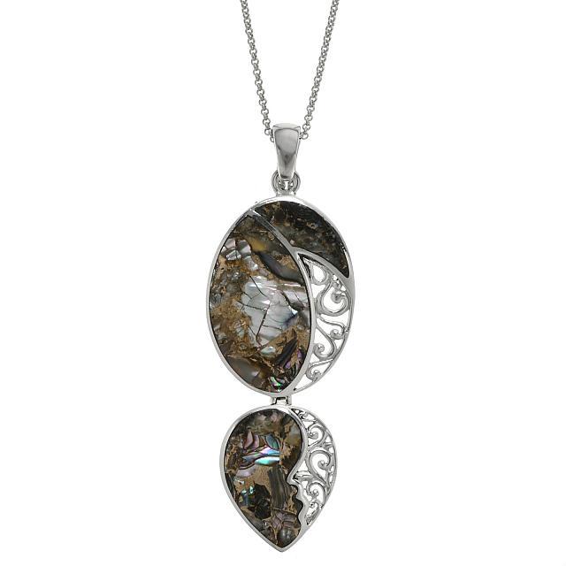 Silver Bronze Abalone Openwork Enhancer Pendant: • Genuine bronze abalone • Two stage drop with openwork • 18 inch silver chain • Gleaming rhodium over fine sterling silver