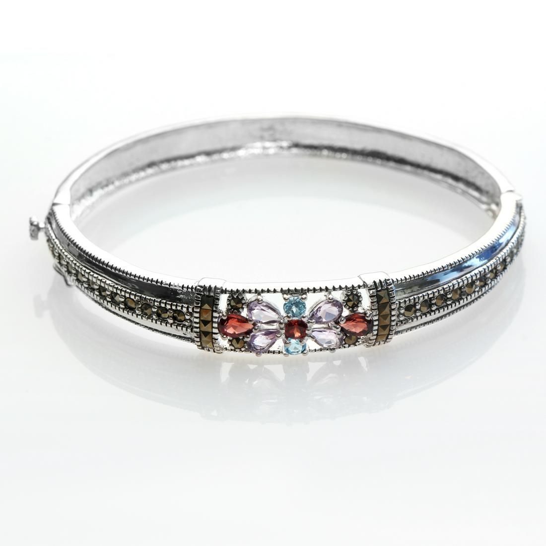 Sterling Silver Marcasite & Gemstones Hinged Cuff (1 of 2)