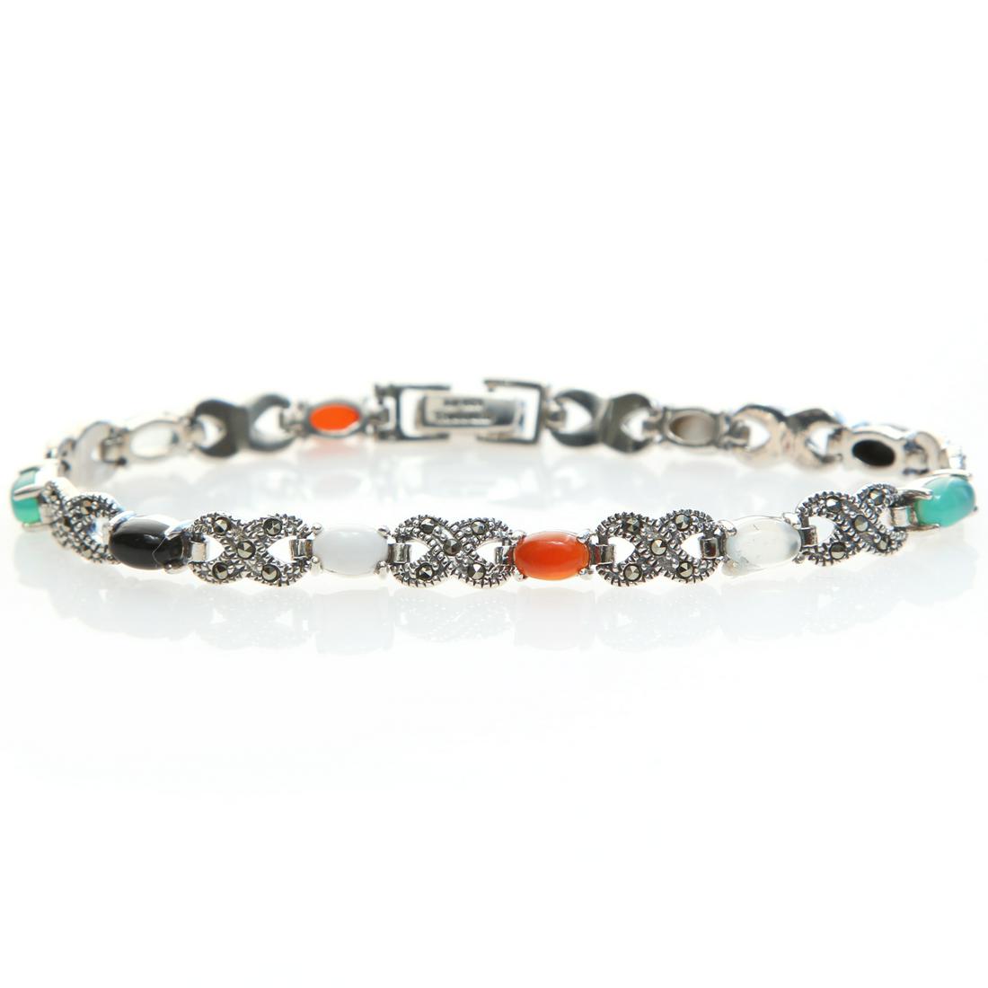 Silver Multi Agate & Marcasite Line Bracelet 7" (1 of 2)