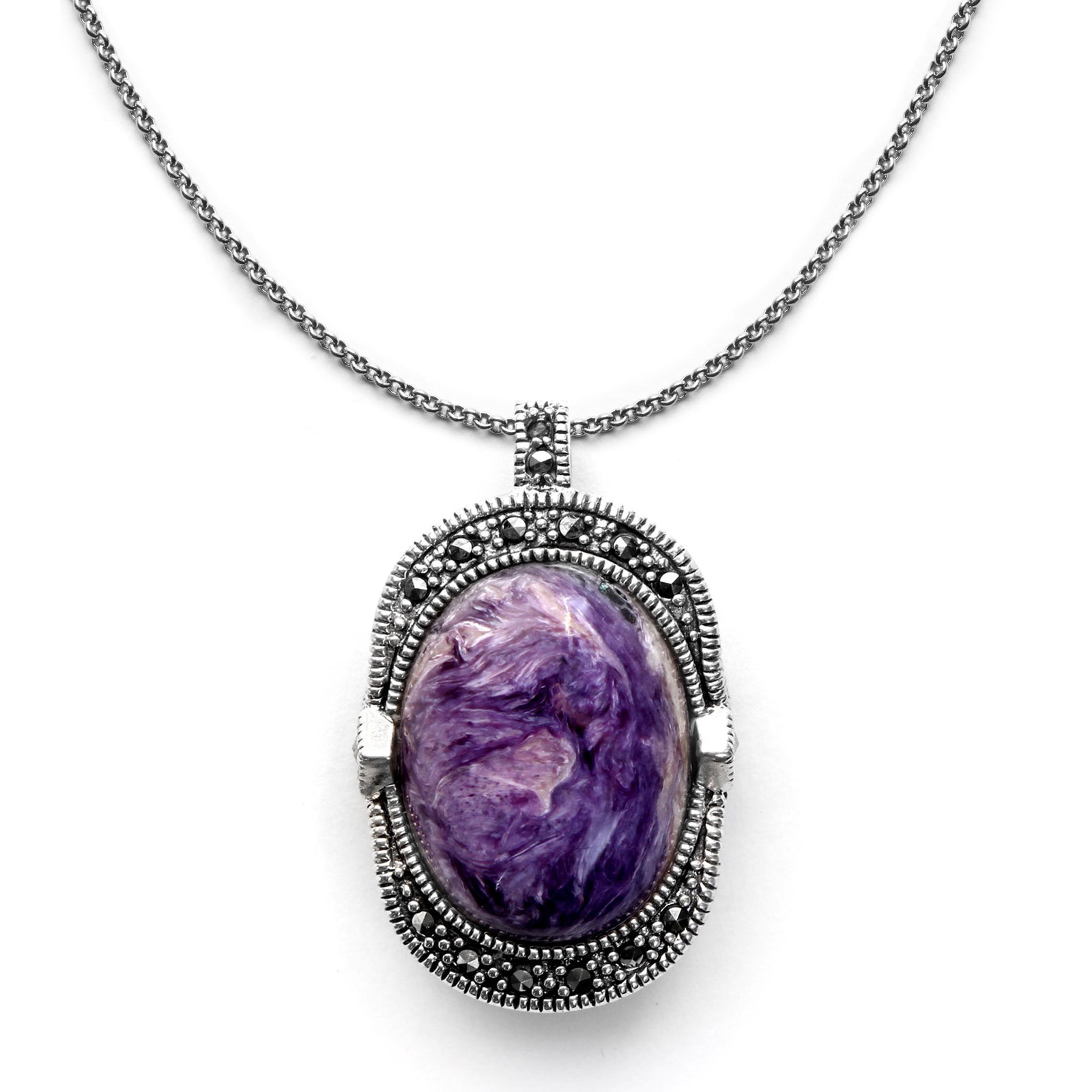 Sterling Silver Charoite & Marcasite Pendant (1 of 2)