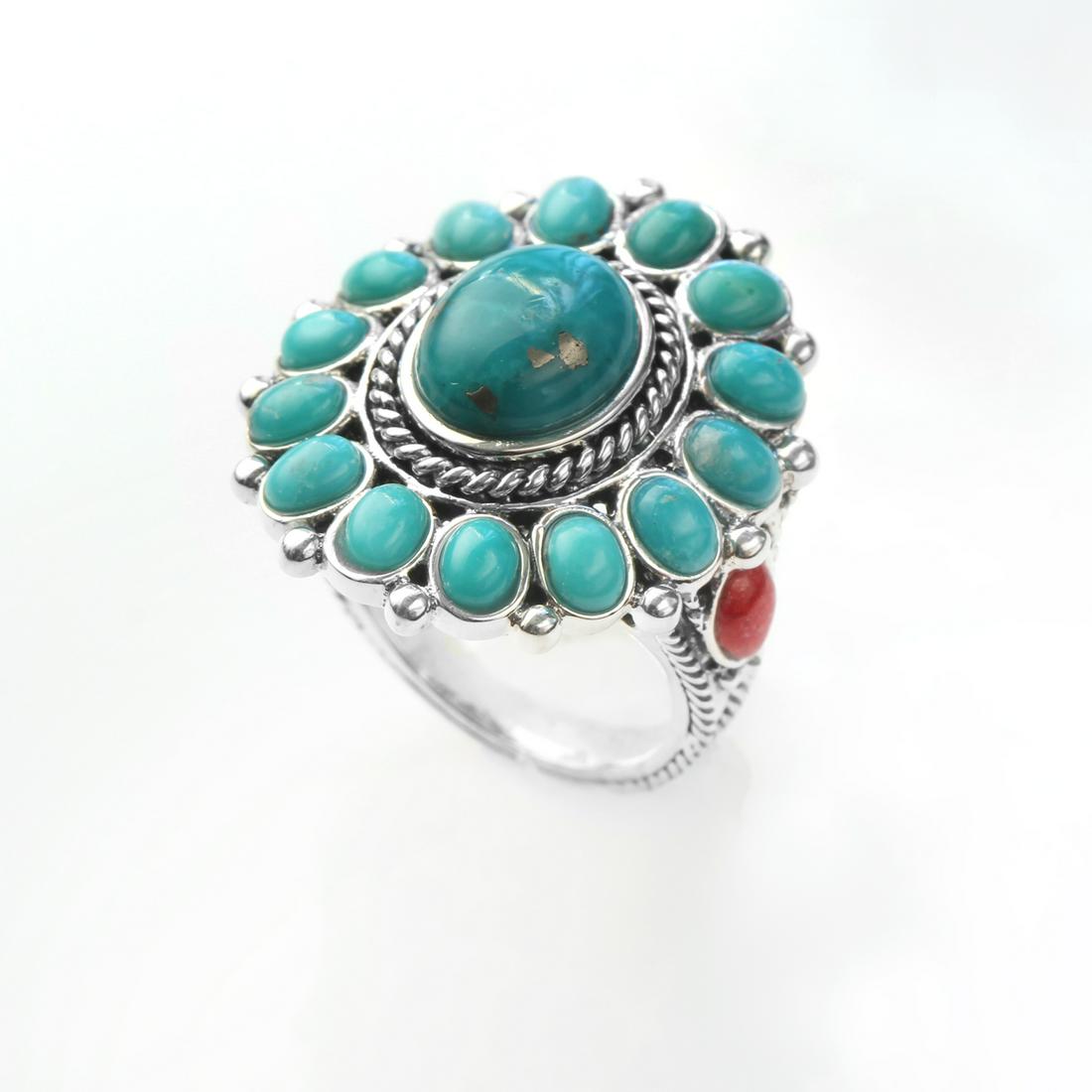 Sterling Silver Turquoise & Coral Flower Ring-SZ 6: • Genuine campo frio turquoise & coral • Cabochons set in a shape of a flower • Rope texture and bead accents • Comfortable butterfly clasp • Gleaming rhodium over fine s