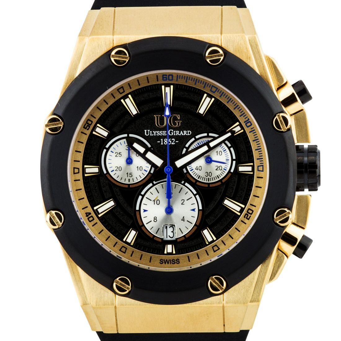 Ulysse Girard Swiss Chronograph Arbour Mens Watch: Main Features: Swiss Ronda 3540.D Quartz Movement, True Chronograph Functions, Visible Date Window Hands: Luminescent hands Case Shape: Round Material:Surgical Grade 316L Stainless Steel, Leather Case