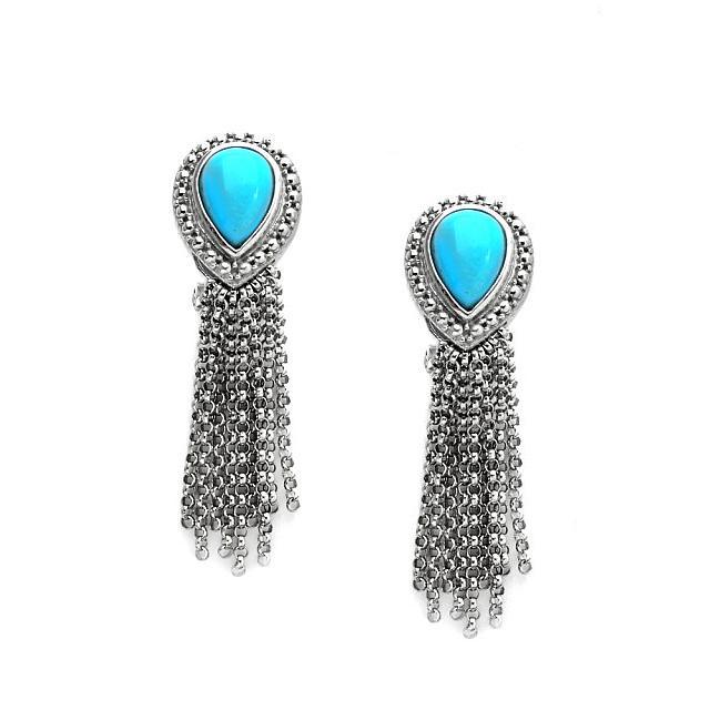Sterling Silver Sleeping Beauty Turquoise Earrings: • Genuine sleeping beauty turquoise • Silver beadwork with multi strand of rolo link chain • Omega clasp • Gleaming rhodium over fine sterling silver