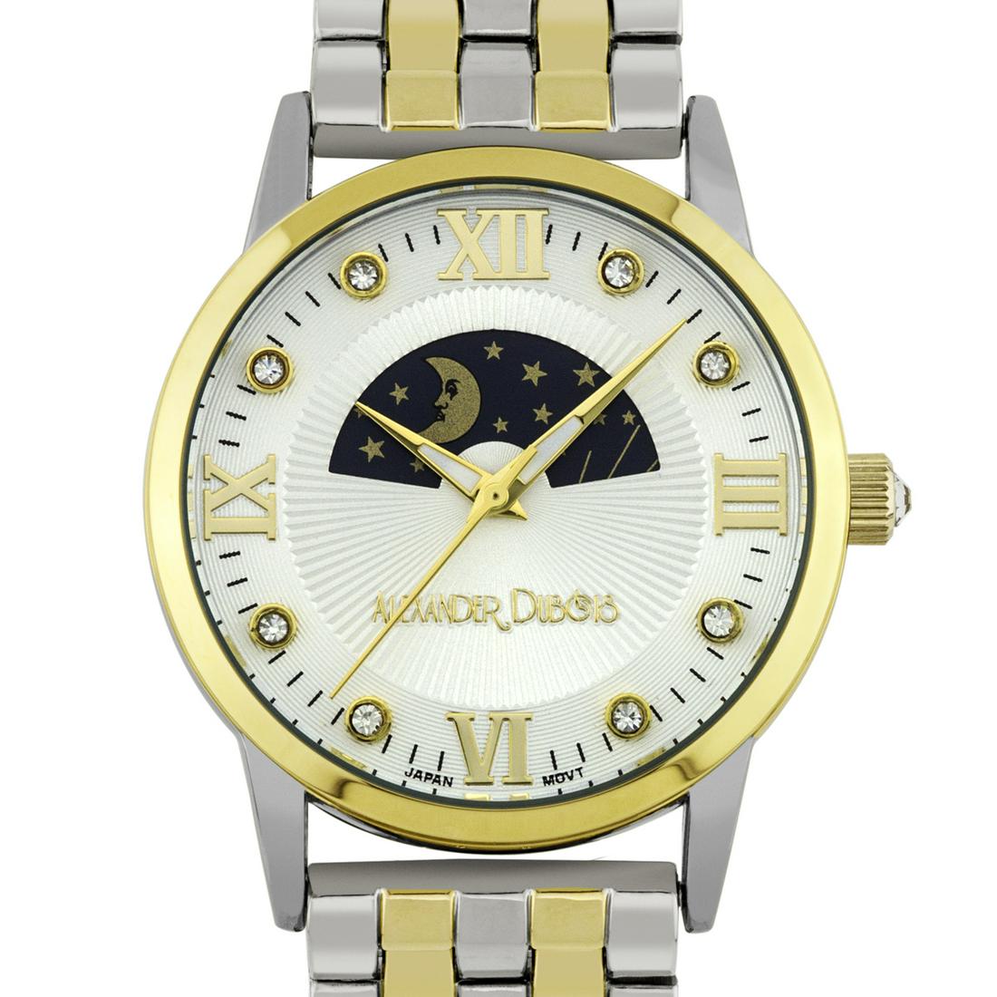 Alexander Dubois Luxury Moon Phase Ladies Watch: Ion Plated Metal Bracelet Stainless Steel Back Stainless Steel Fold Over Clasp Multi Textured Moon Phase Dial Stainless Steel Push/Pull Crown with Czech Crystal