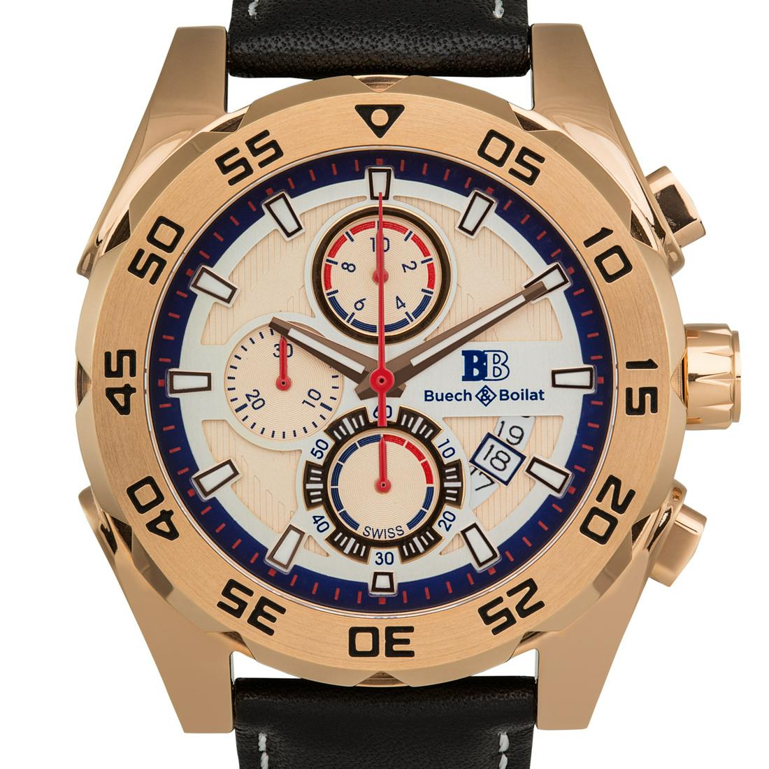 Buech & Boilat Swiss Chronograph Torent Mens Watch: Main Features: True Chronograph Functions, Swiss Ronda 3540.D Movement, Multi-Layered Dial Hands: Luminesent hands Case Shape: Round Material: Leather, Surgical Grade 316LStainless Steel Case Thicknes