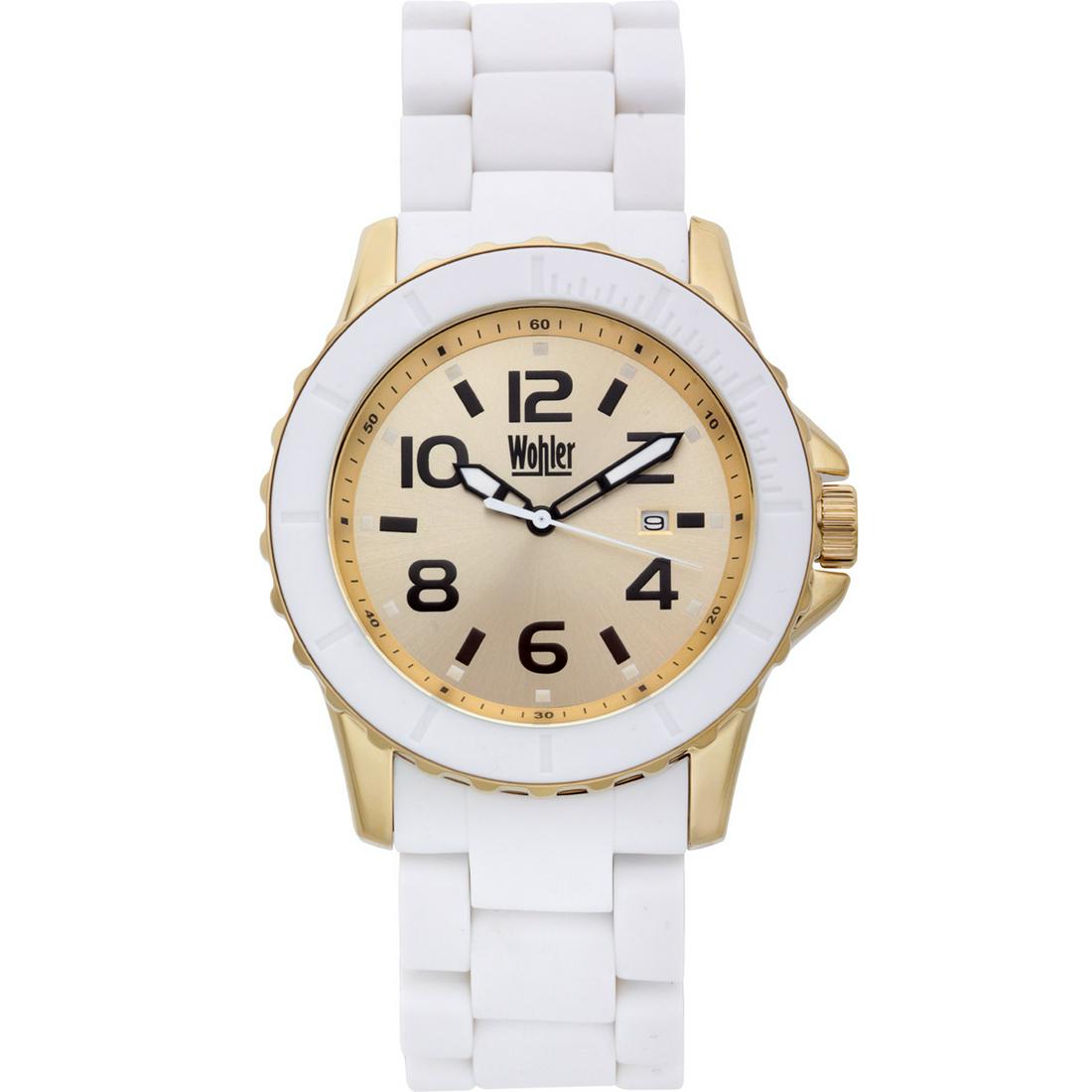 Wohler Wolfgang Mens Watch: White Silicone Coated IP Bracelet and Gold Bezel, Stainless Steel Case Back, Unidirectional Bezel, Large Easy to Read Numeral Indices, Tachymeter, Stainless Steel Fold Over Push Button Clasp, Date Win