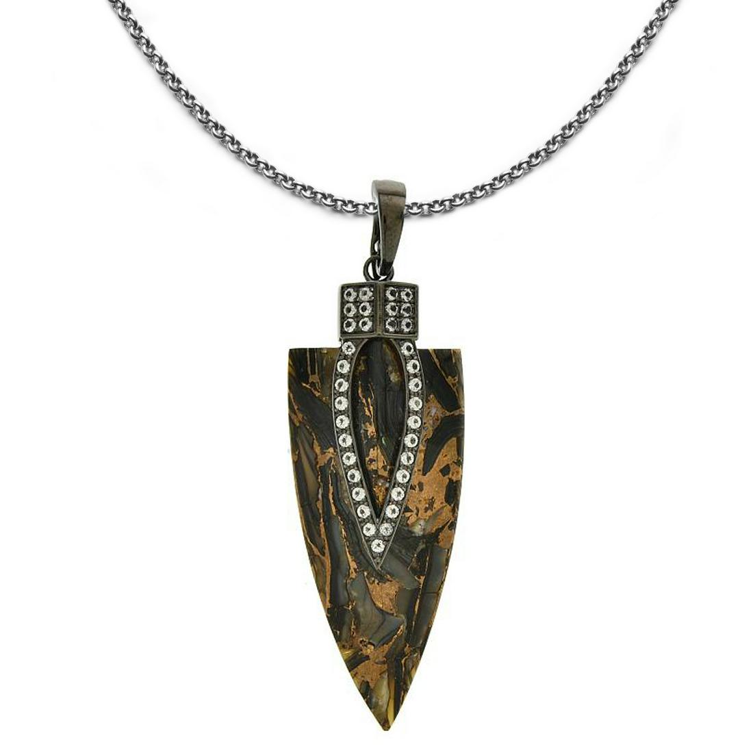 Sterling Silver Arrowhead Bronze Abalone Pendant: • Genuine bronze abalone & white topaz • Cabochons in a arrowhead shape 63x23mm • 30" silver chain • Black rhodium finish over fine sterling silver • 1.33ct white topaz