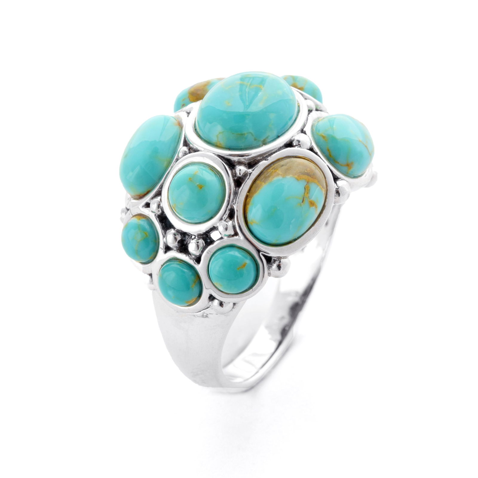 Sterling Silver #8 Turquoise Cluster Ring-SZ 10: • Genuine rare mine# 8 turquoise • 10x8mm oval and 8x6mm round cabochons clustered on the top • Measurement: 13/16"L x 1"W x 3/8"H • Gleaming rhodium over fine sterling silver