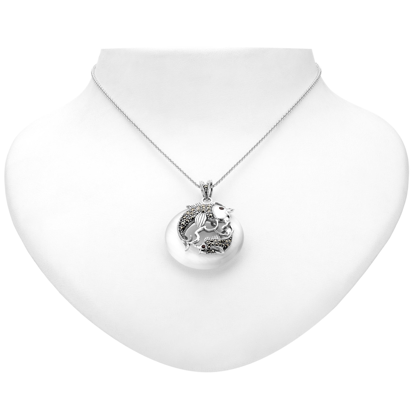 Sterling Silver Marcasite Fish Disc Pendant: Addison Lane crafts a delightful, eye-catching design with this charming disc pendant from the Animal Kingdom Collection. Beautifully styled in oxidized sterling silver, this intricately detailed desi