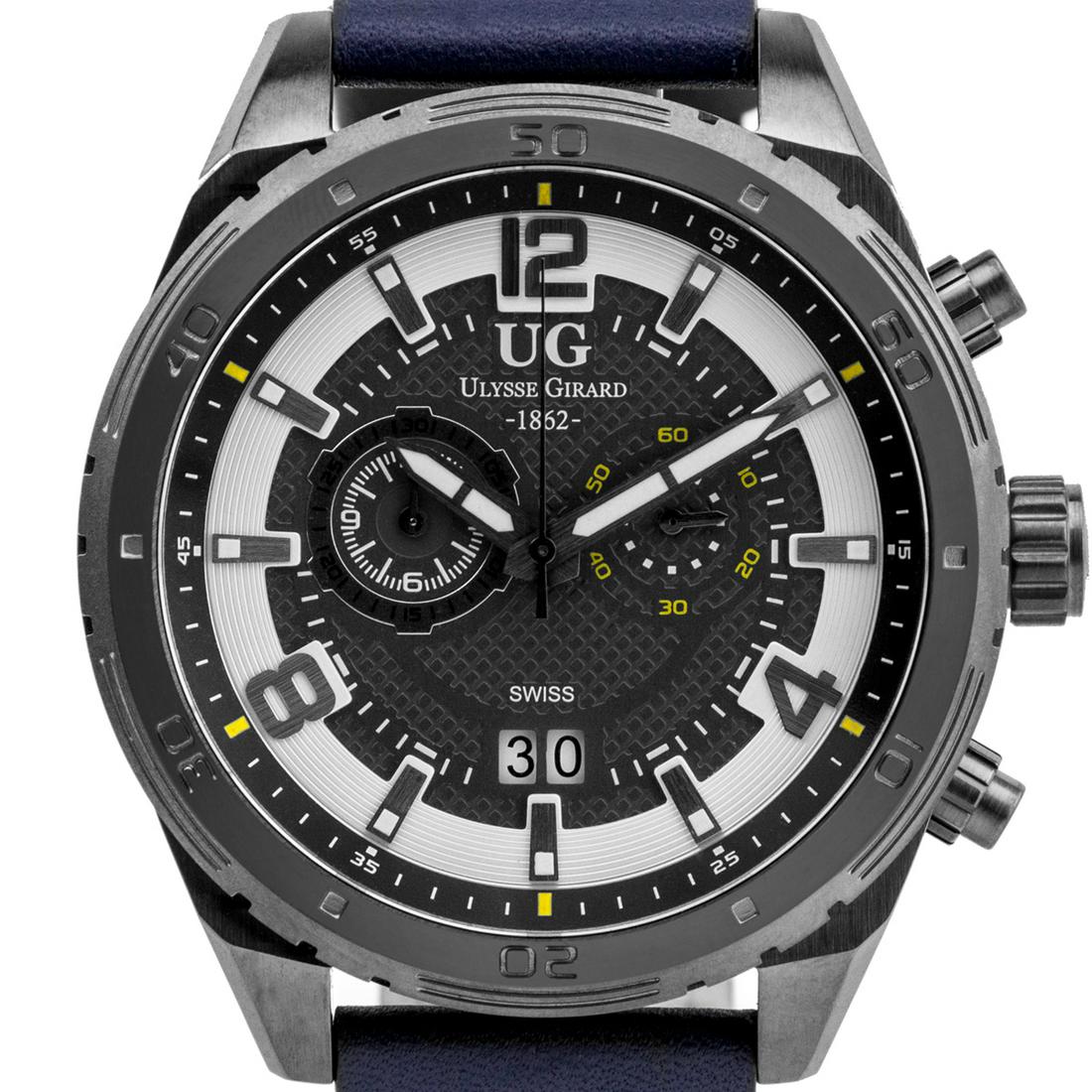 Ulysse Girrard Swiss Chronograph Men's Watch: Main Features: Swiss Movement, True Chronograph, Luminescent Hands Hands: Luminescent hands Case Shape: Round Material: Stainless Steel, Genuine Leather Case Thickness: 13mm Strap Width: 22mm Strap Mo