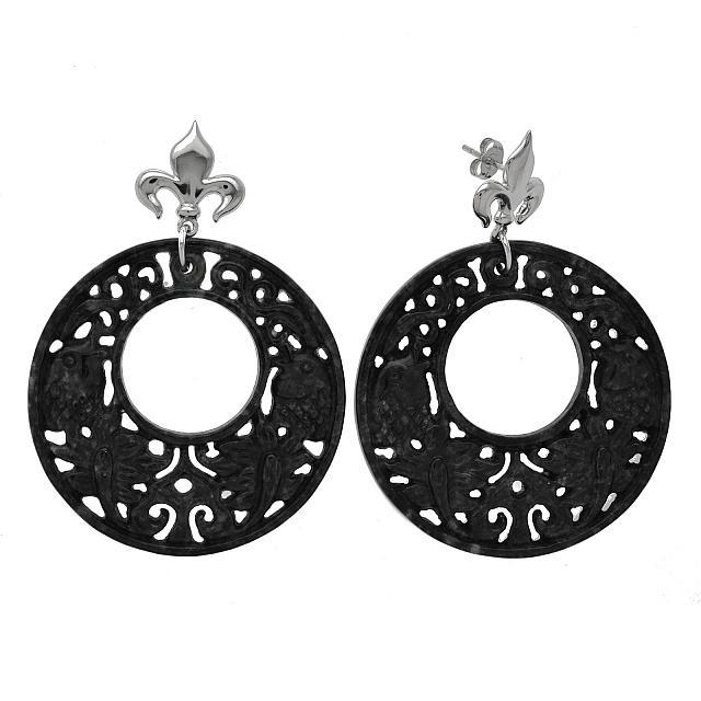 Sterling Silver Charcoal Jade Fish Carved Earrings: • Genuine carved charcoal jade • Fleur de lis shape ear post • Comfortable butterfly backs • Gleaming rhodium over fine sterling silver