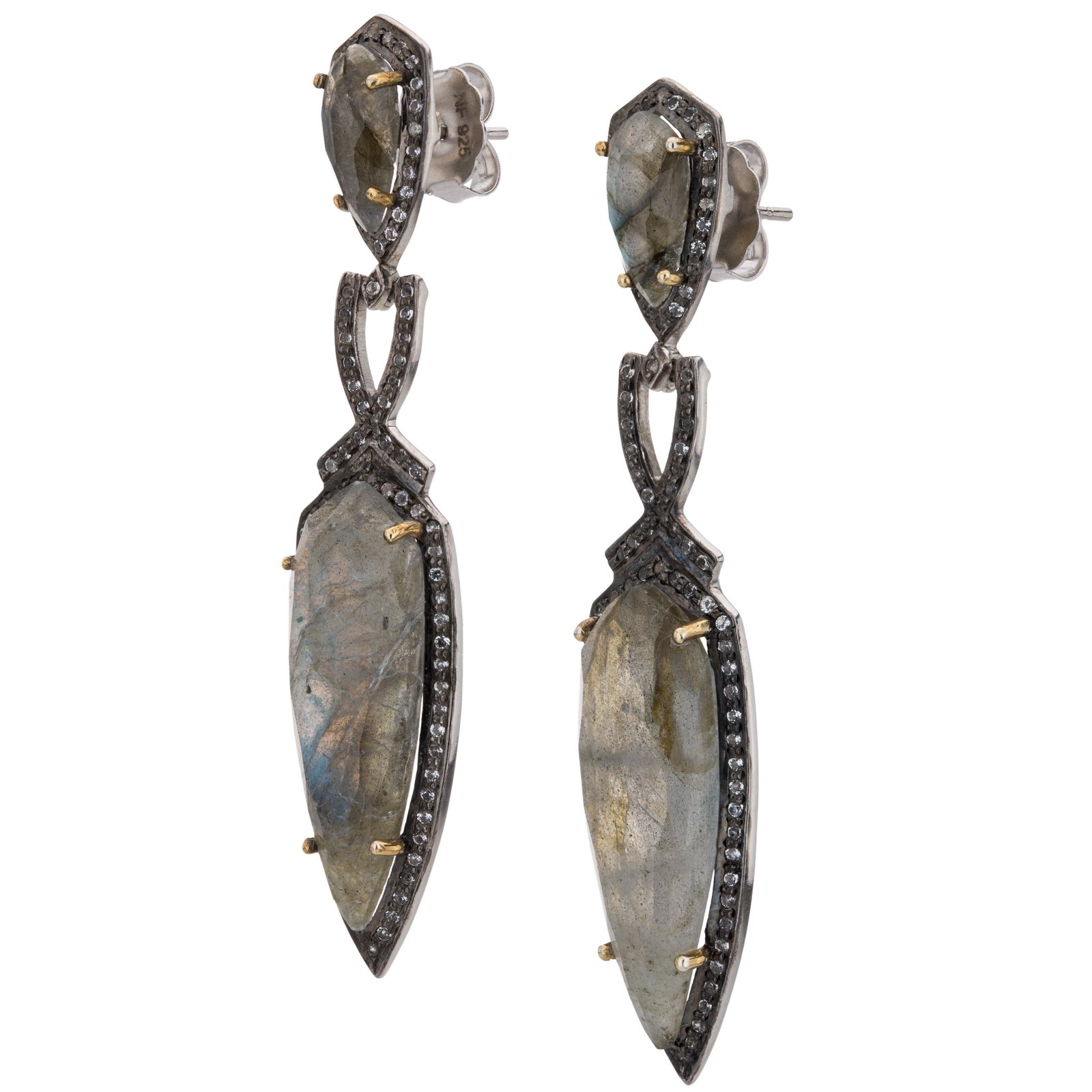 Sterling Silver Labradorite & Topaz Drop Earrings: Addison Lane beautifully crafts these lovely earrings from the Seraphina Collection. You’ll love the juxtaposition of beautiful color contrasted by black rhodium and shimmering white topaz pave,