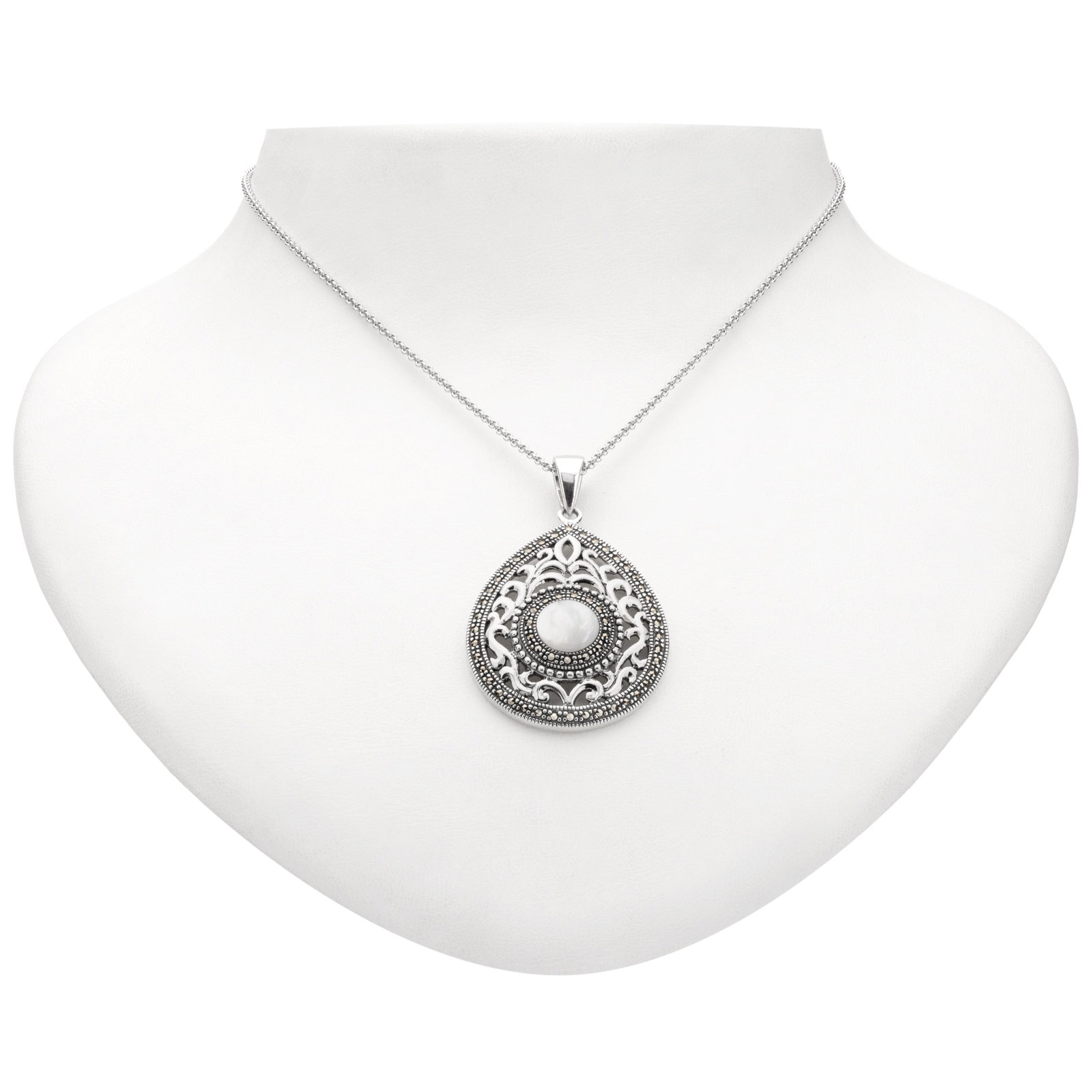 Sterling Silver Marcasite & MOP Teardrop Pendant: You will love the fascinating ever-changing iridescence of Addison Lane’s teardrop pendant necklace. Beautifully crafted in oxidized sterling silver and adorned with gorgeous white mother-of-pea