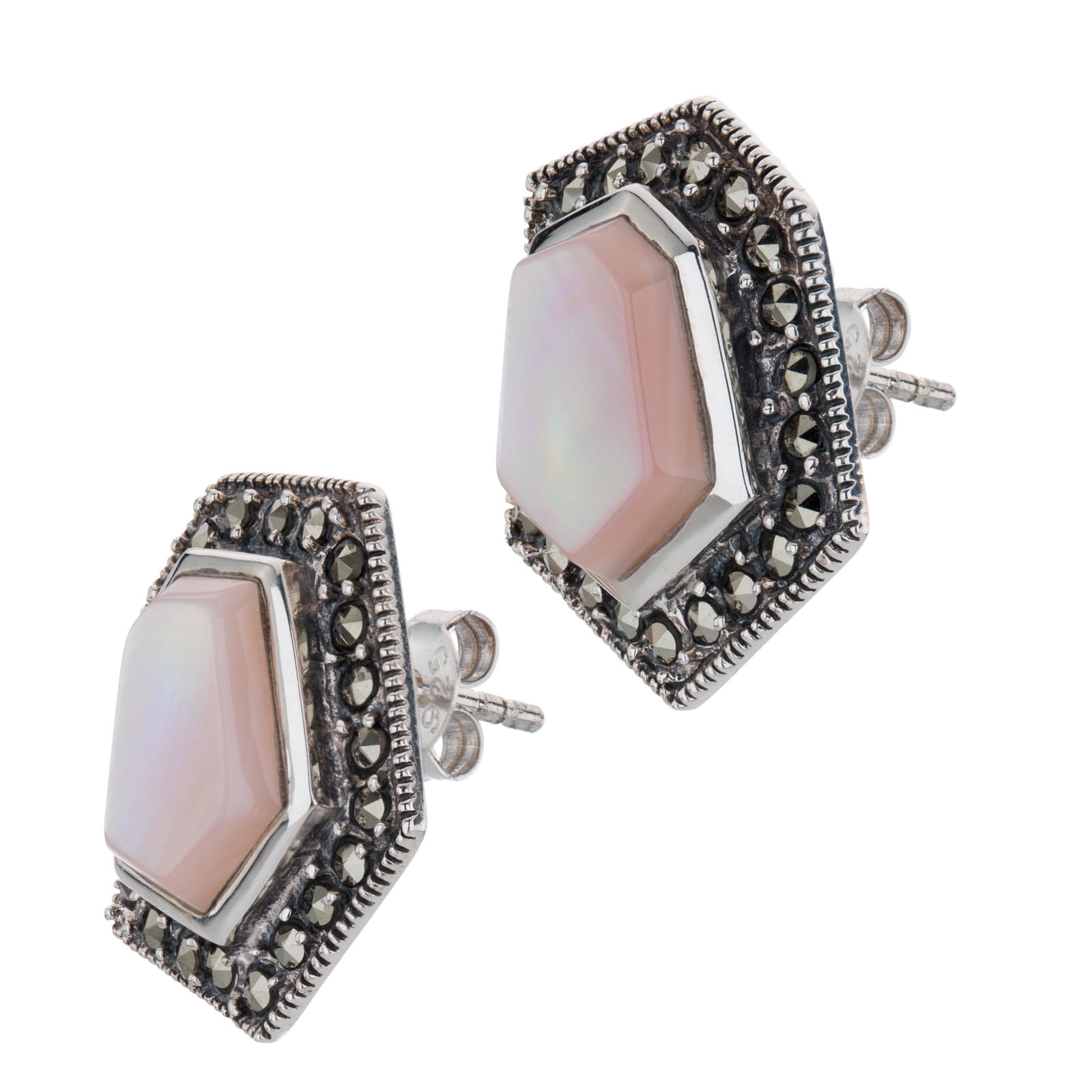 Silver Pink MOP & Marcasite Hexagonal Stud Earring: A striking new design from Addison Lane’s Felicity Collection: inspired by timeless vintage looks, this lovely design is beautifully crafted in oxidized sterling silver and adorned with fascinat