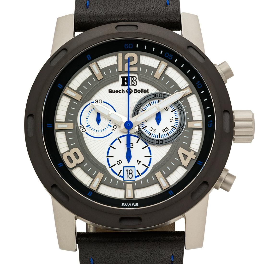 Buech & Boilat Swiss Chronograph Men's Watch: Main Features: Swiss Movement, True Chronograph, Visible Date Window Hands: Luminescent hands Case Shape: Round Material: Stainless Steel, Genuine Leather Case Thickness: 13mm Strap Width: 24mm Strap